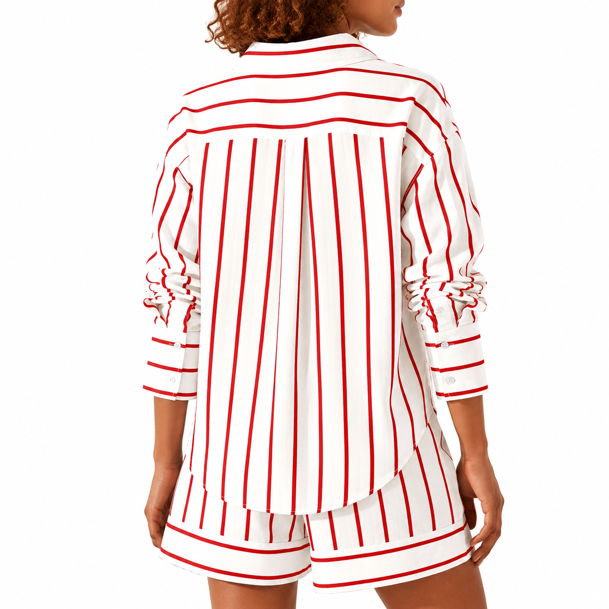 Striped Sleeve Down Collared Shirt Sets For Women