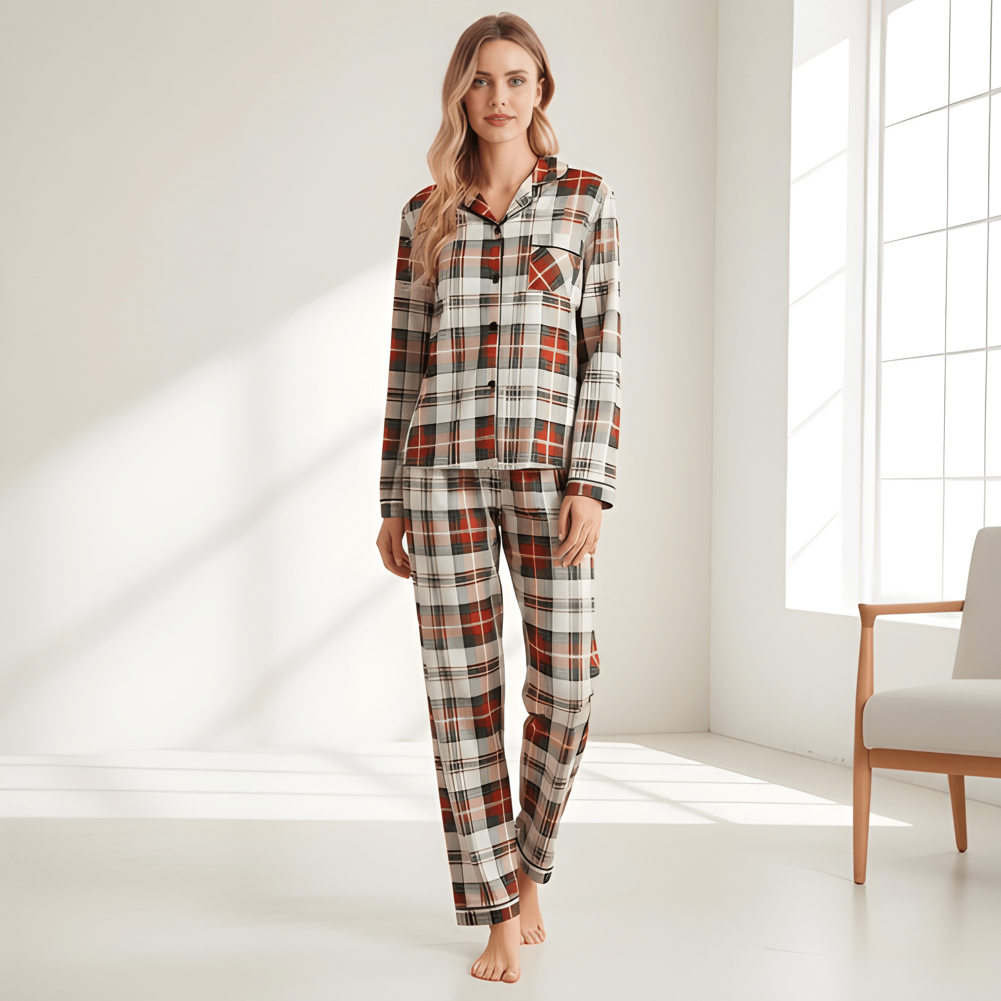 Plaid Pattern Long Sleeve Matching Pajama Set For Couple