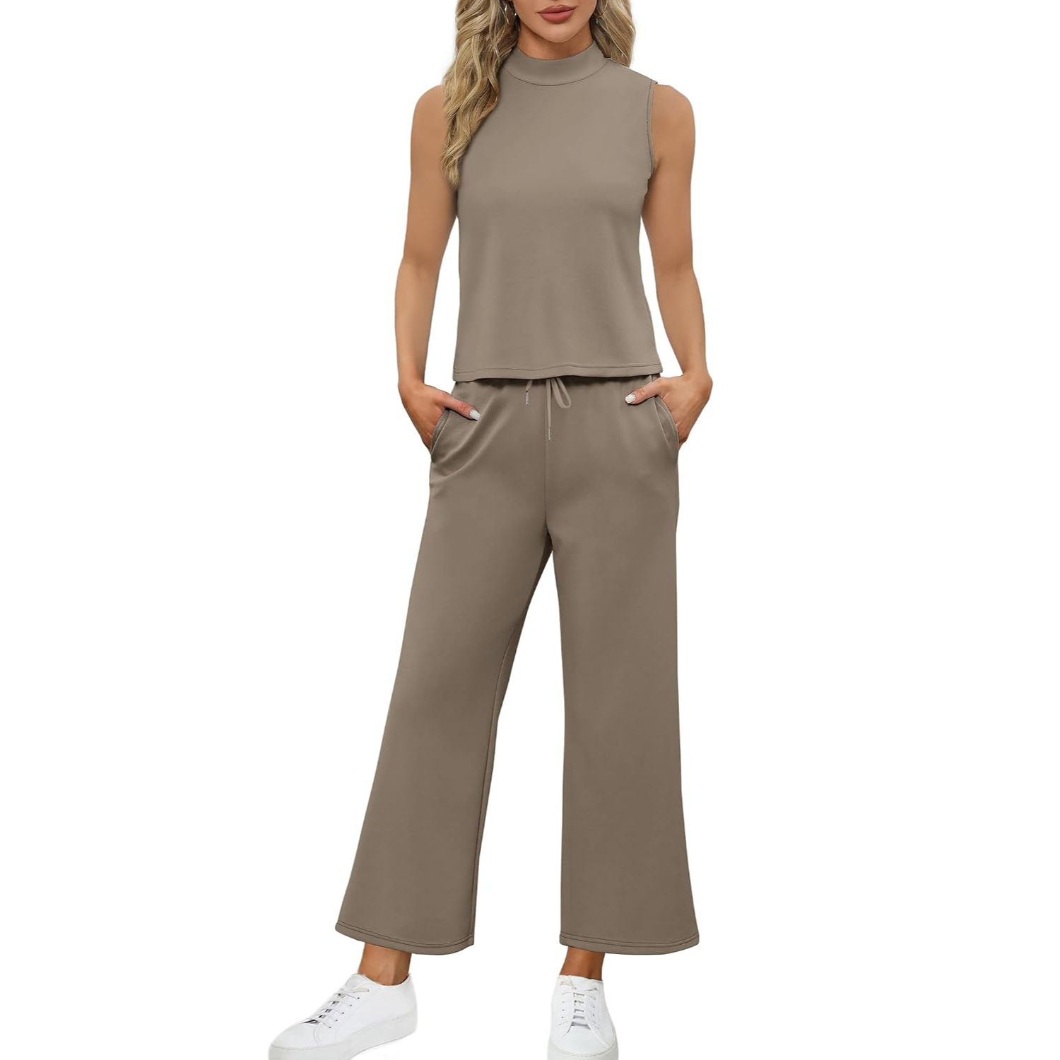 2 Pieces Mock Top And Wide Crop Pants Lounge Set For Women