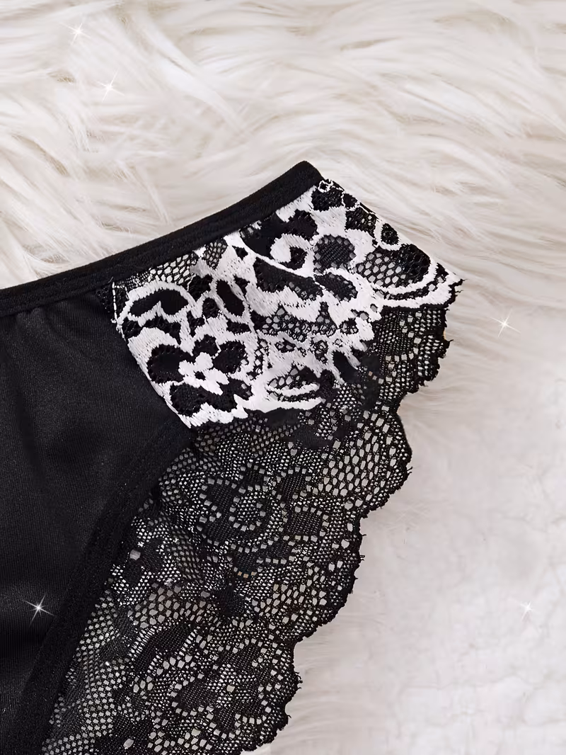 2pcs color block floral lace nightdress set v neck semi sheer bow dress and briefs womens elegant sleepwear and loungewear black 4