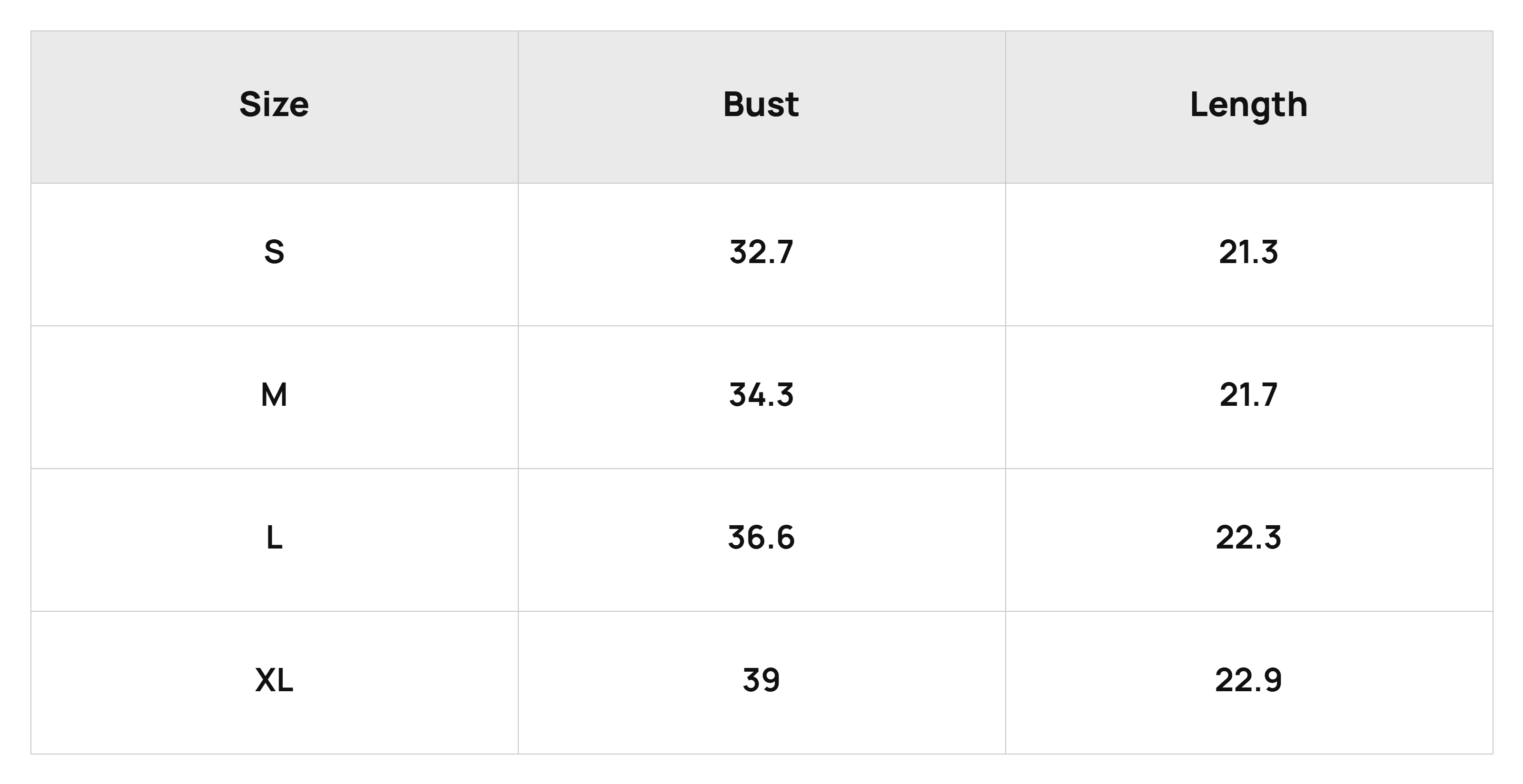 Size Chart Tops Product Size Chart