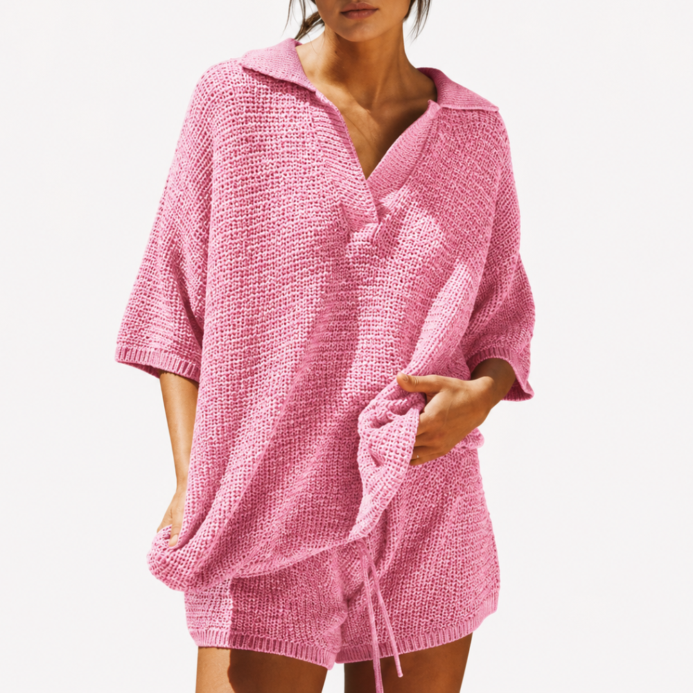 Casual 2 Piece Oversized V Neck Knit Top And Shorts Set For Women