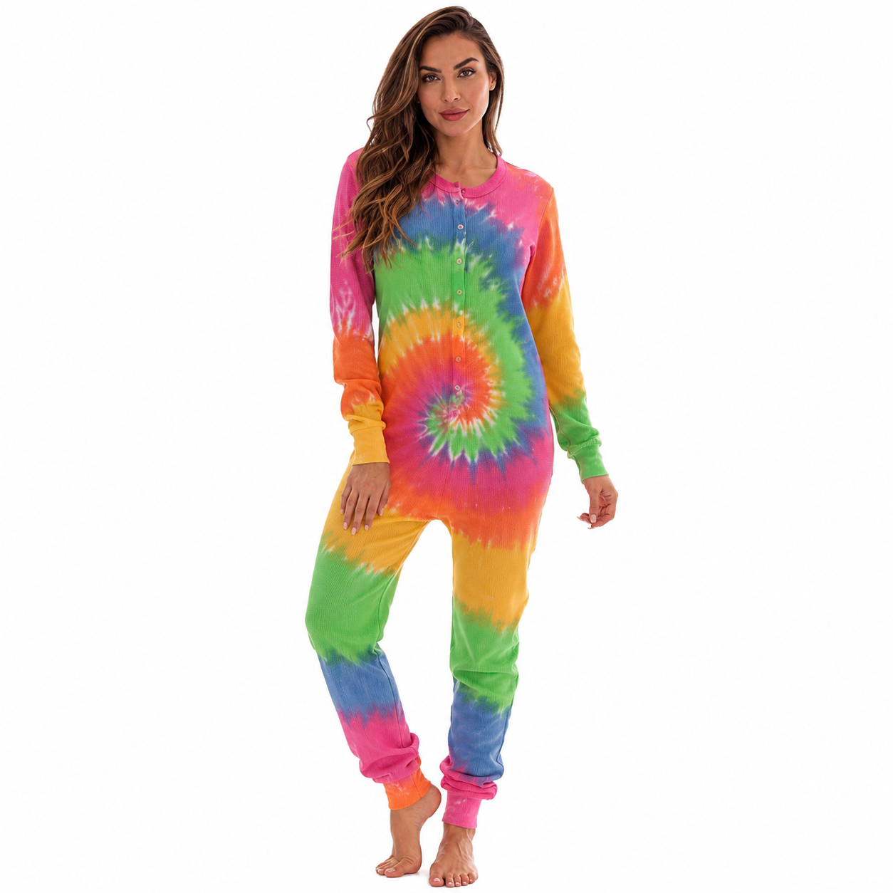 Tie Dye Henley Thermal Lounge Onesie For Women