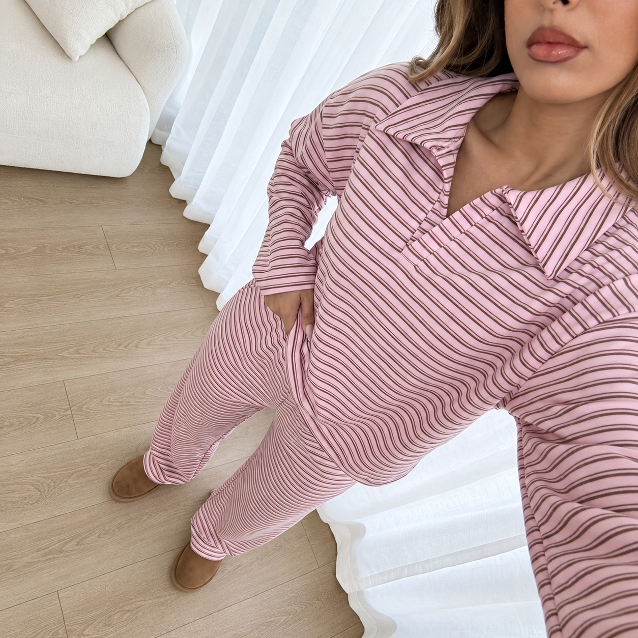 Striped Long Sleeve Top and Elastic Pants 2 Piece Casual Travel Set for Women