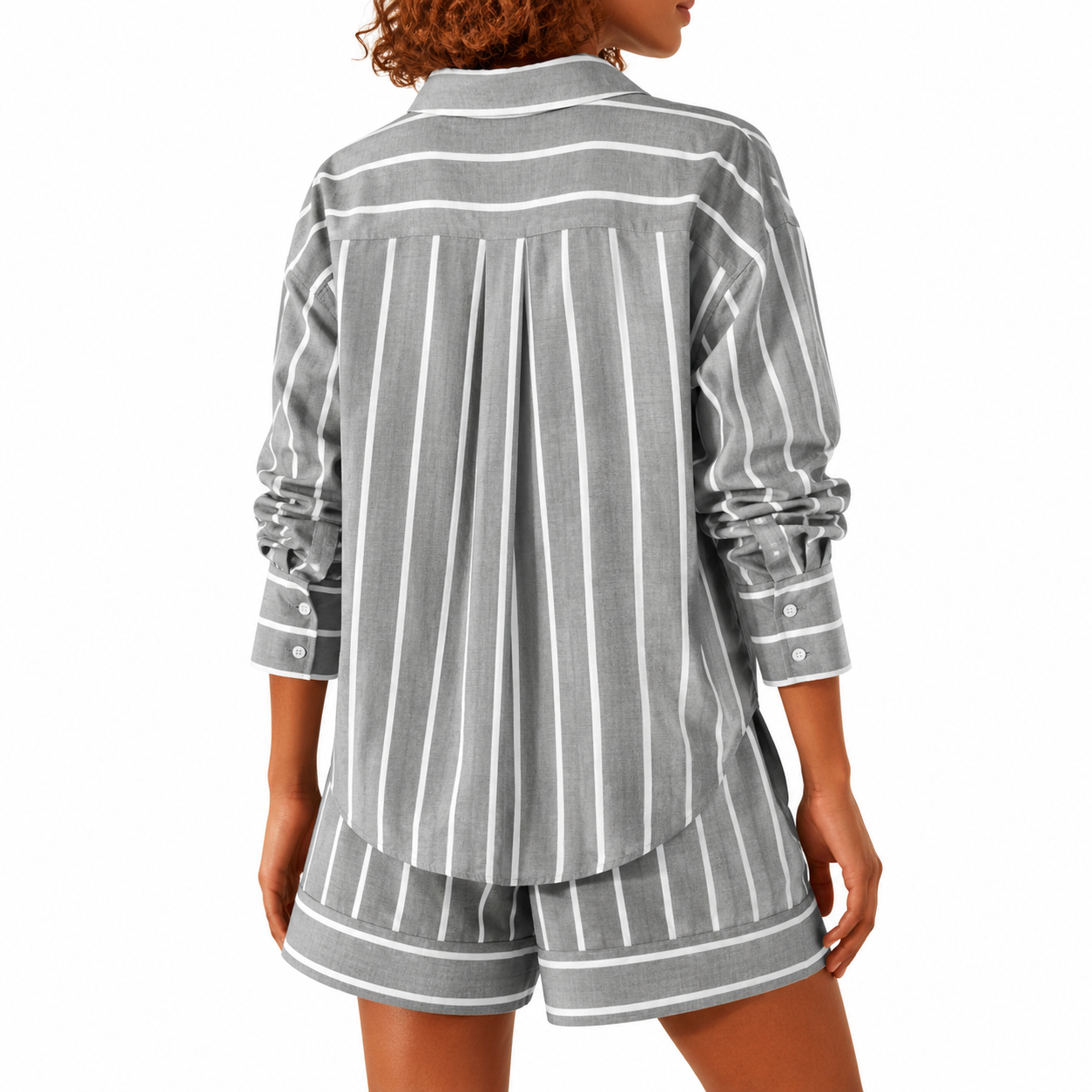 Striped Sleeve Down Collared Shirt Sets For Women