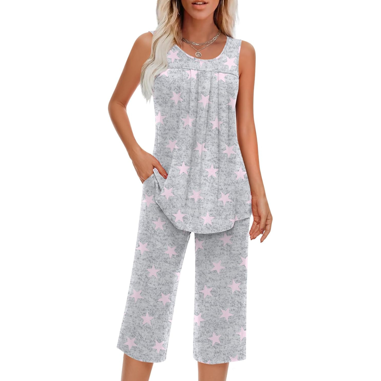 2 Piece Pajama Set Soft Summer Sleeveless Tank Top And Pants With Pockets For Women