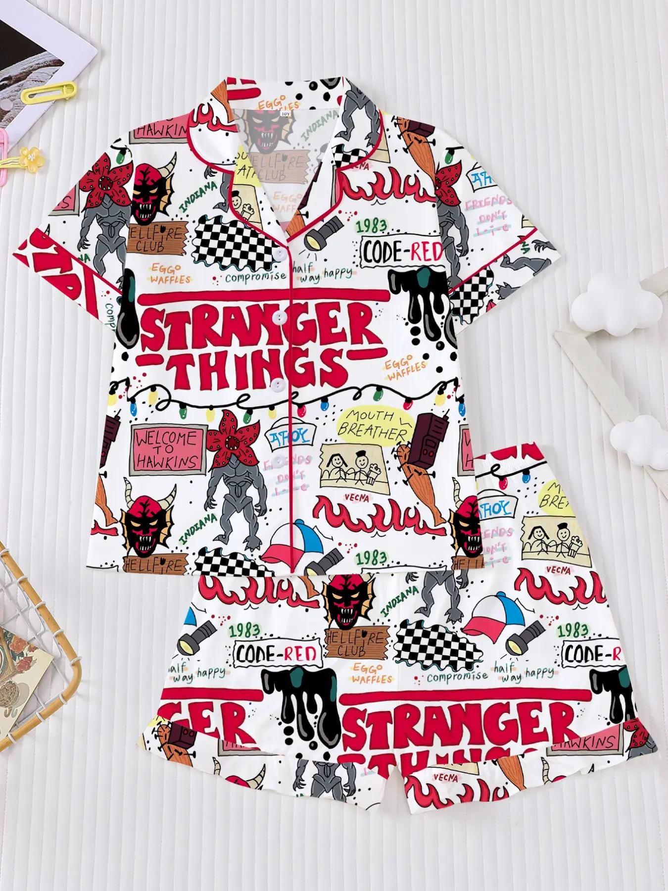 2 Pieces Short Sleeve Cartoon Graphic Loungewear Set for Women