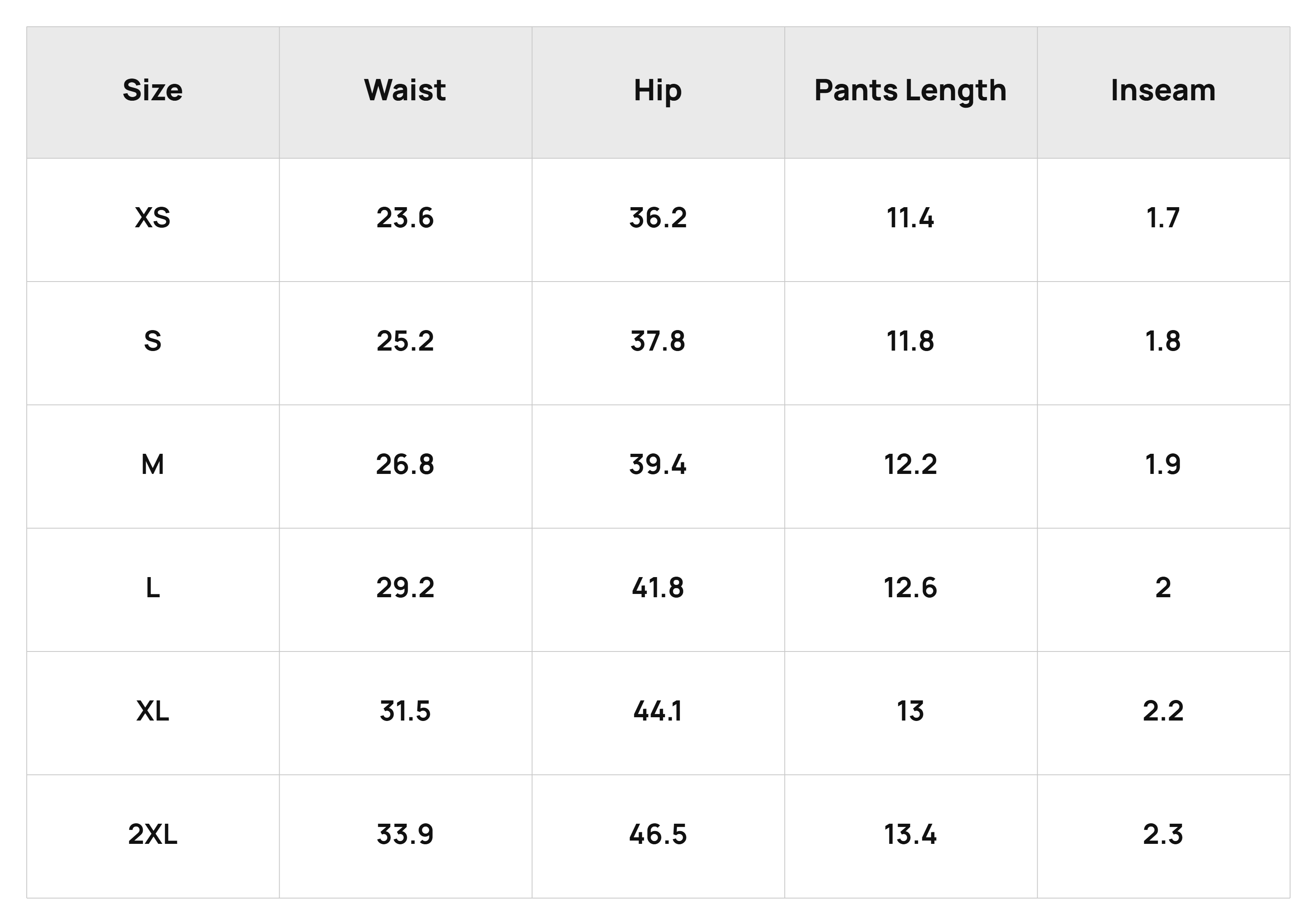 Size Chart Bottoms Product Size Chart