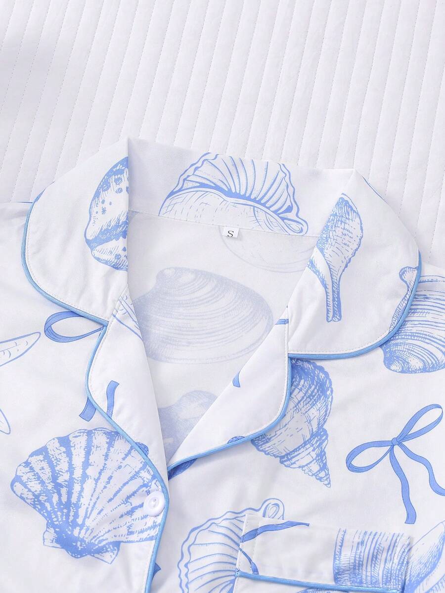 2pcs Women Pajama Set, Seashell Print, Ladies Homewear, Spring/Summer Holiday Outfit, Short Sleeve Lapel Top And Shorts Can Be Worn Outerwear - White - View 3