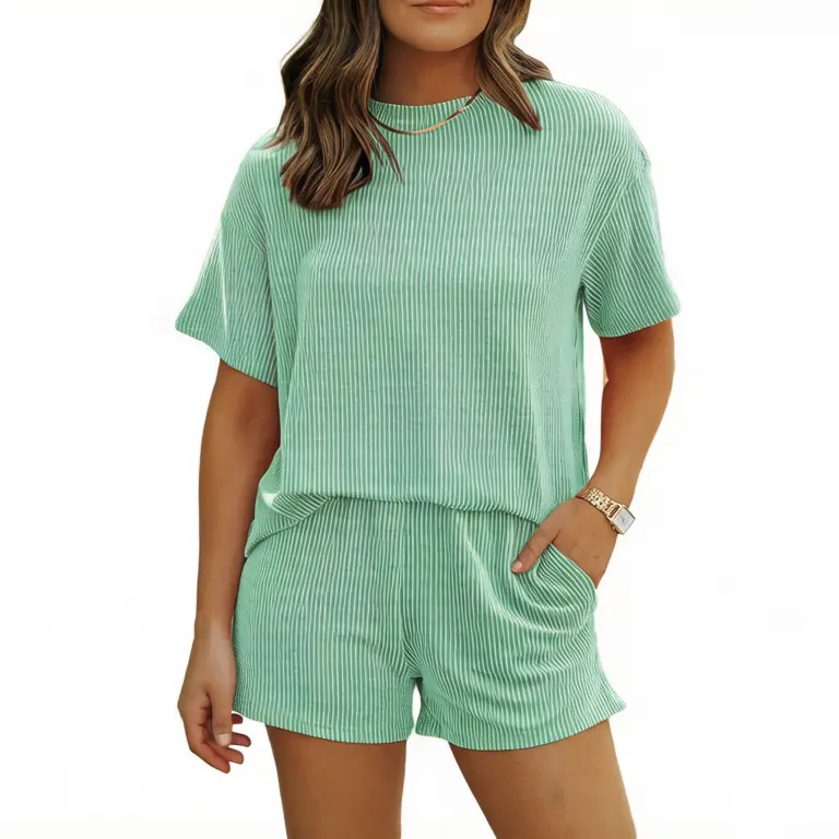 Women Ribbed Lounge Set Short Sleeve Top And Shorts Outfit