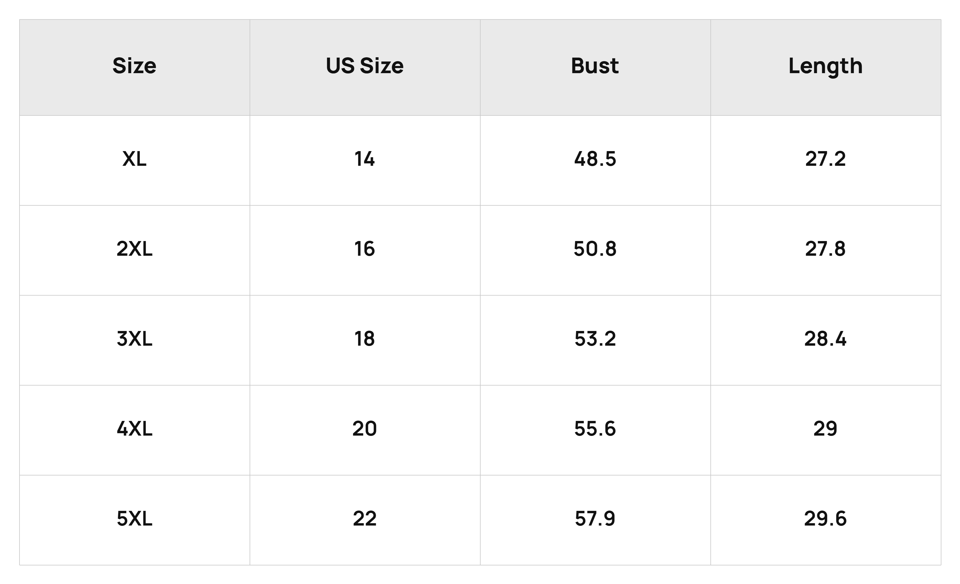 Size Chart Tops Product Size Chart