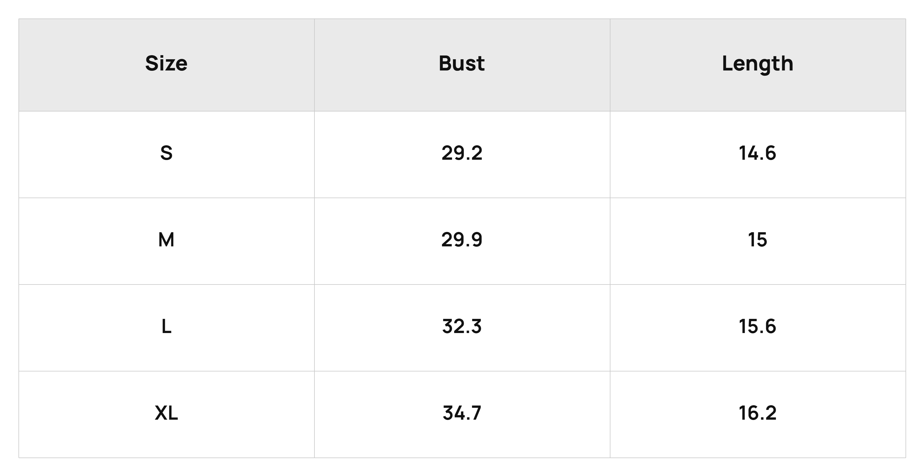 Size Chart Tops Product Size Chart