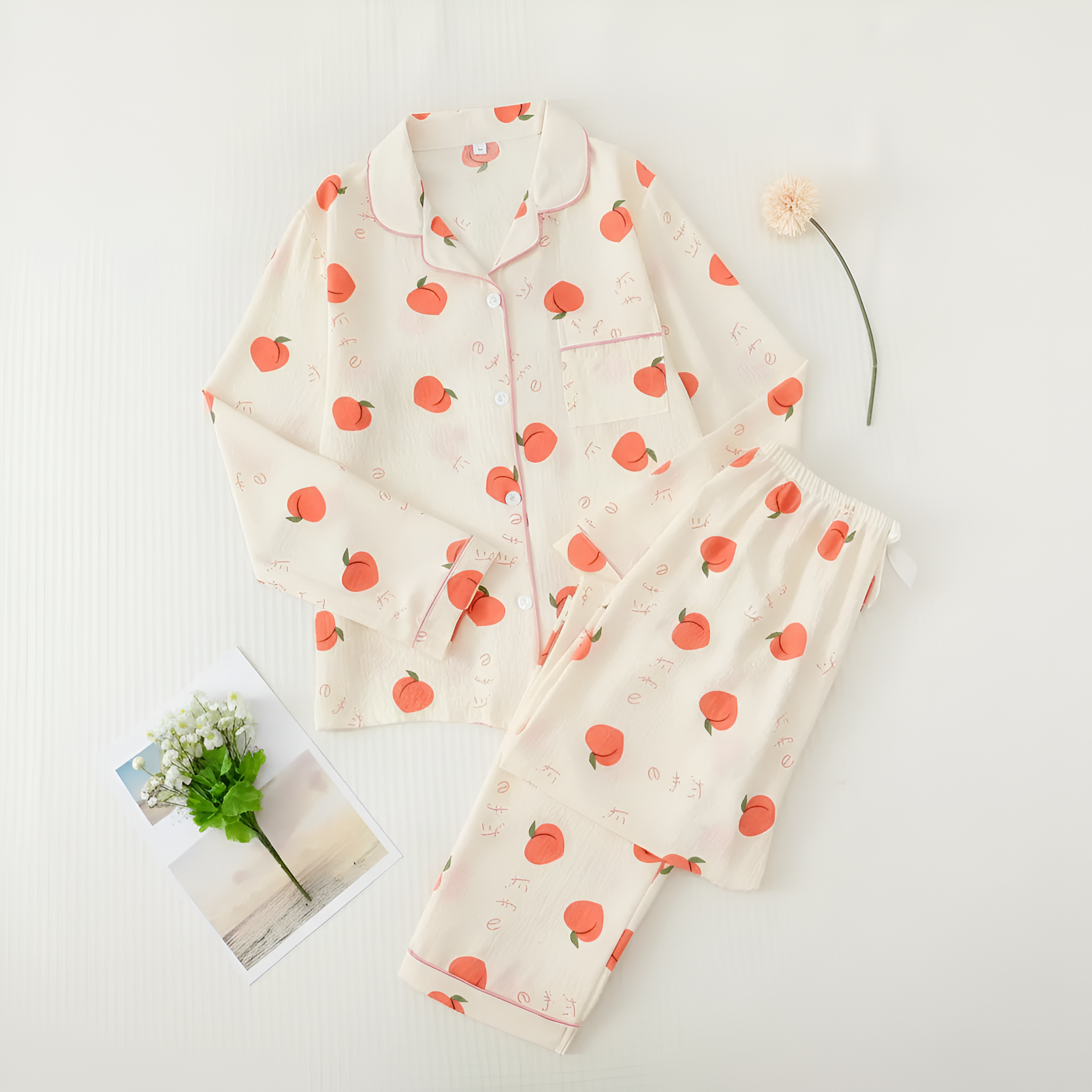Printed Long Sleeve Pajama Set With Button Details For Women With Lapel Pocket