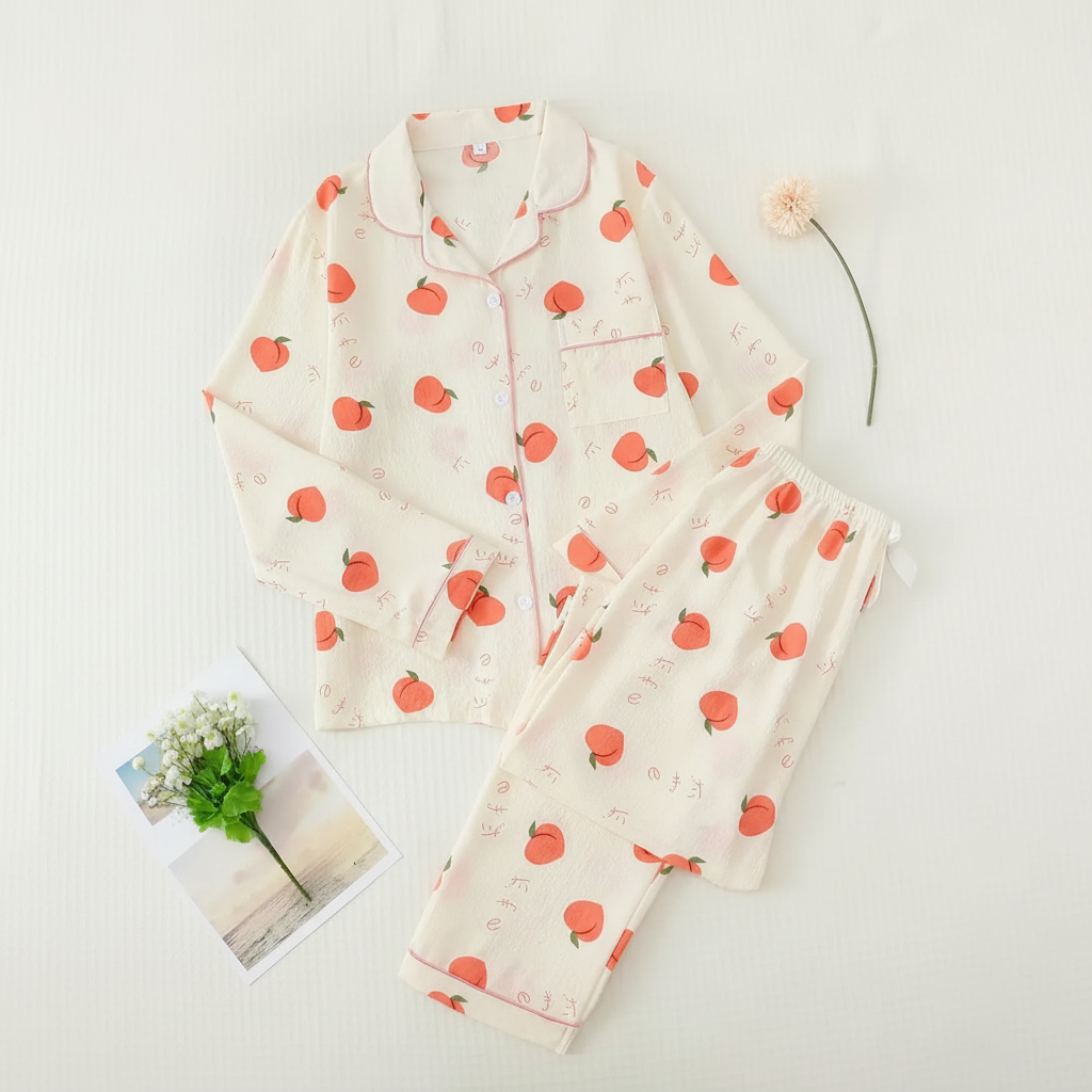 Printed Long Sleeve Pajama Set With Button Details For Women