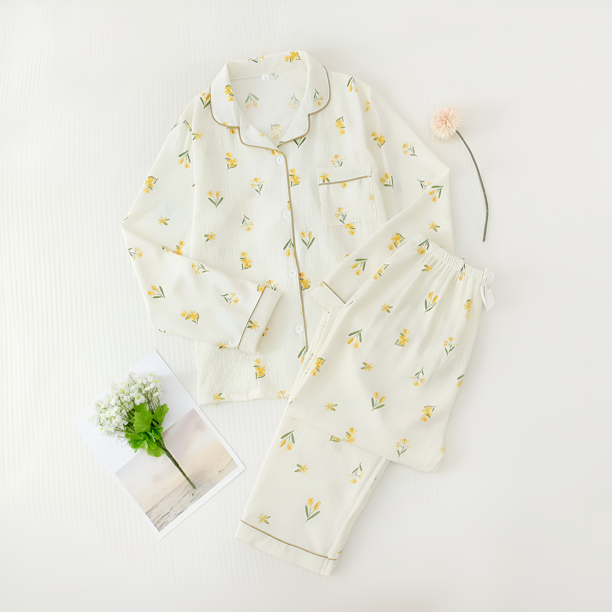 Printed Long Sleeve Pajama Set With Button Details For Women With Lapel Pocket