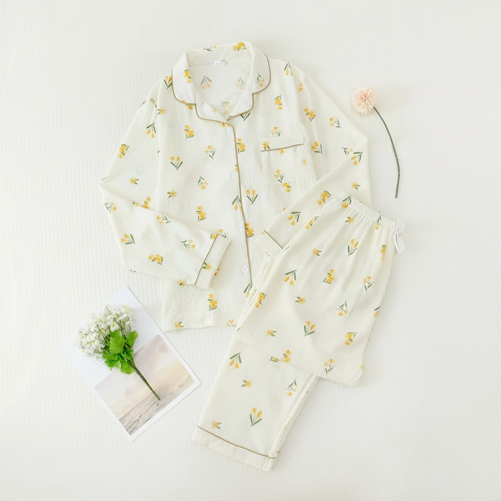 Printed Long Sleeve Pajama Set With Button Details For Women