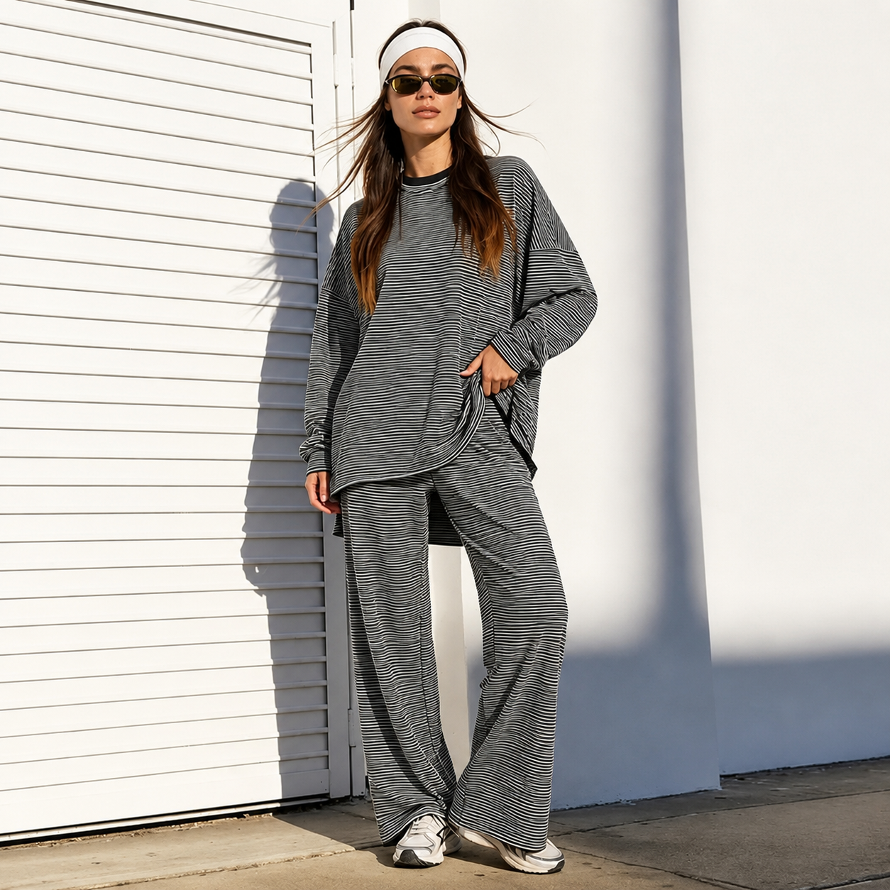 2 Pieces Wide Oversized Long Striped Cotton Loungewear For Women