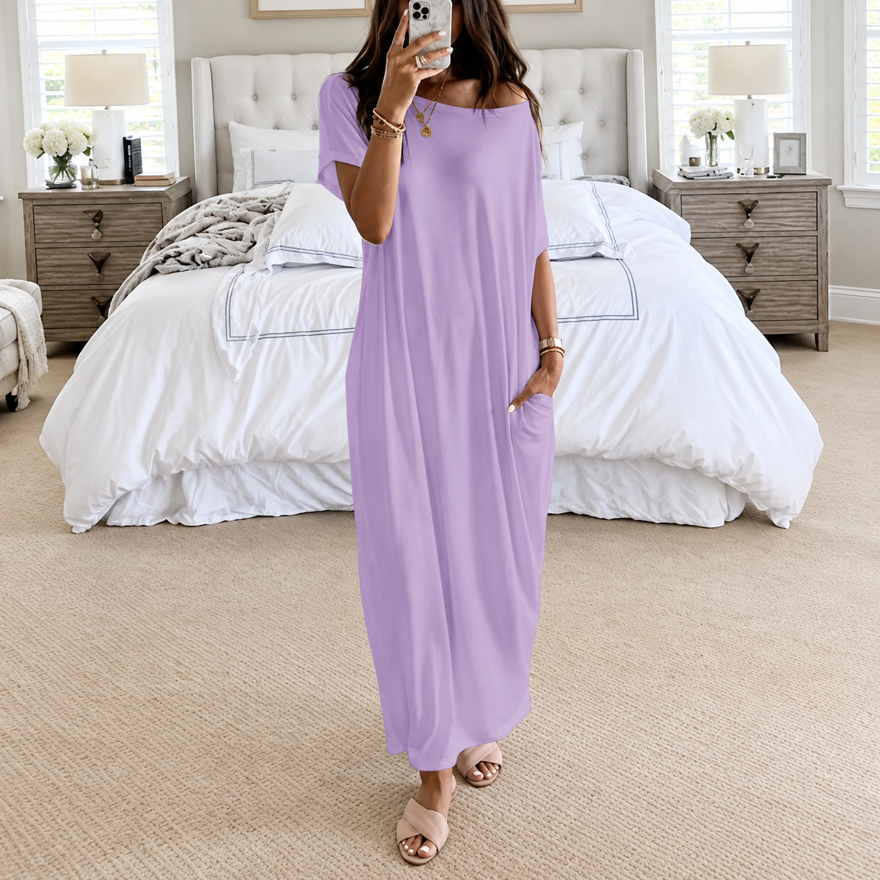 Solid Batwing Sleeve Casual Comfy Lounge Nightdress For Women
