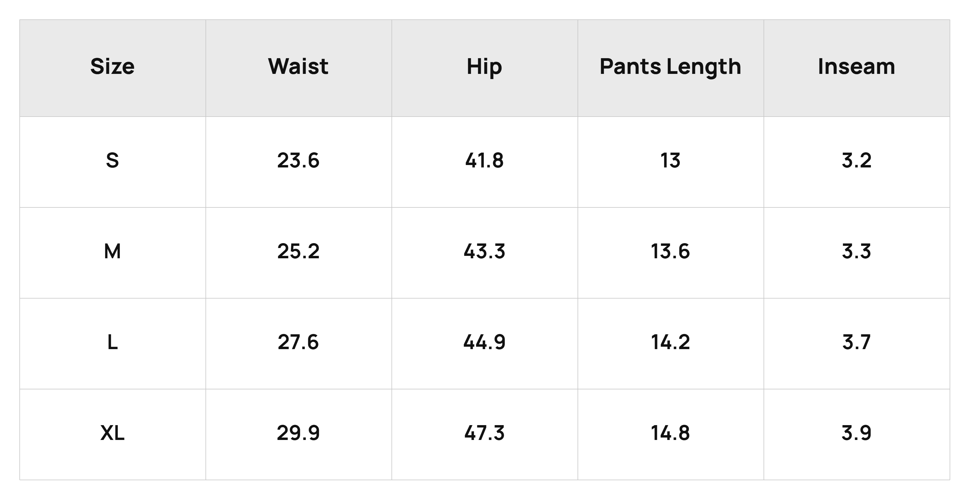 Size Chart Bottoms Product Size Chart