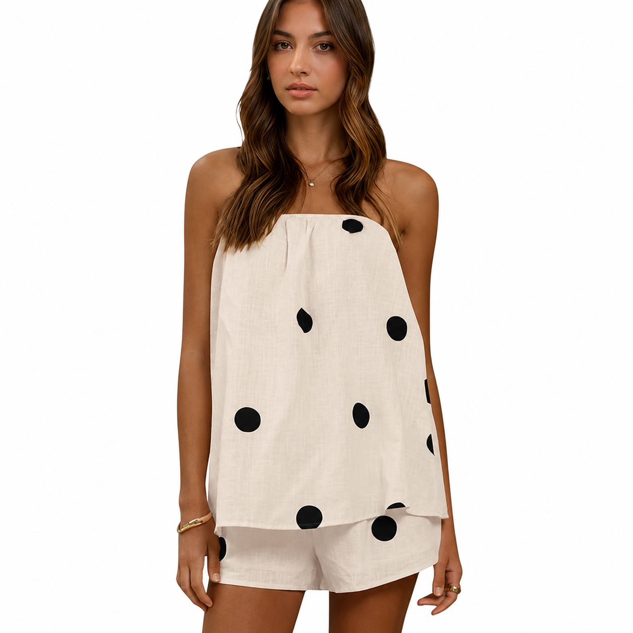 Polka Dot Print Summer Strapless Shorts Lounge Vacation Outfit Sets