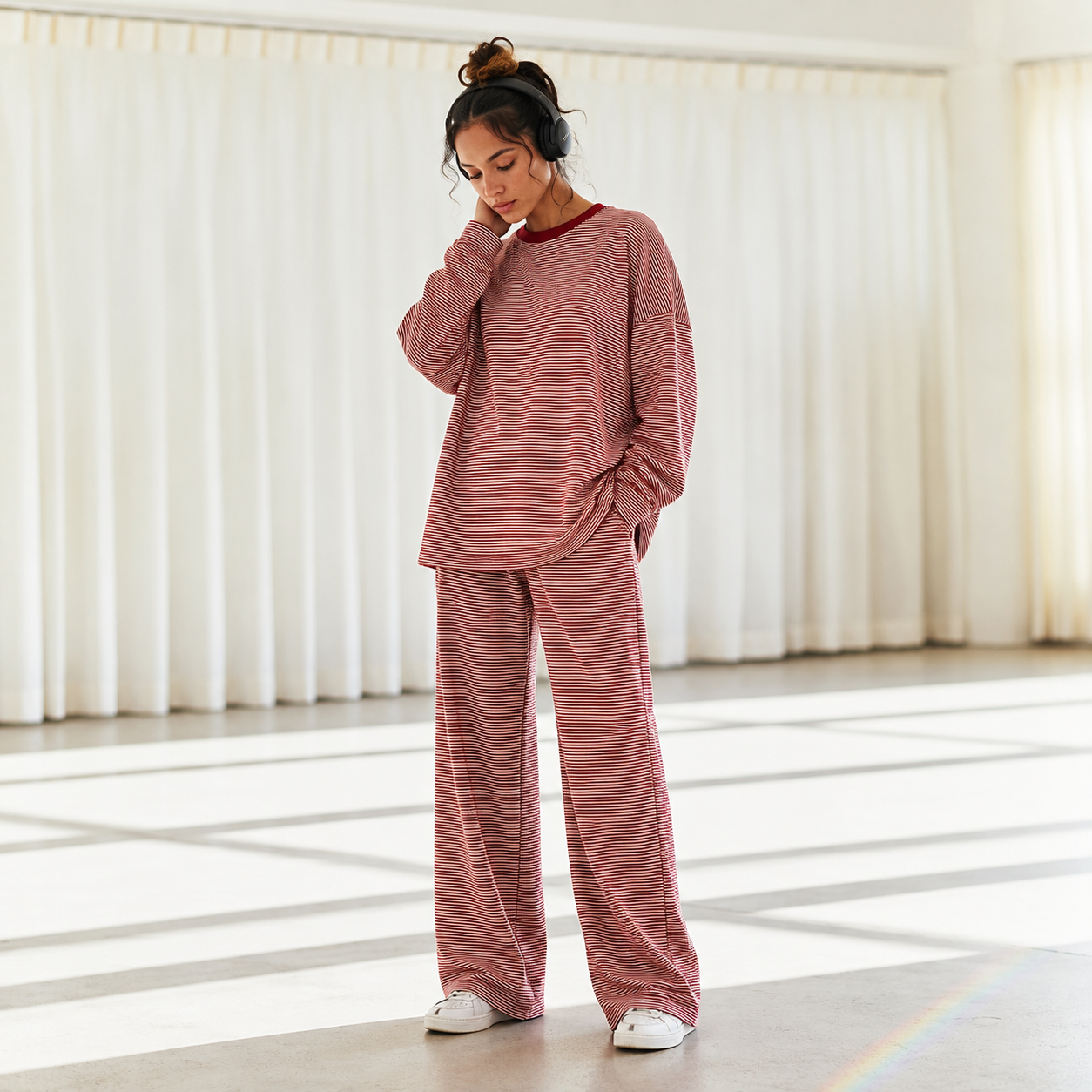 2 Pieces Wide Oversized Long Striped Cotton Loungewear For Women