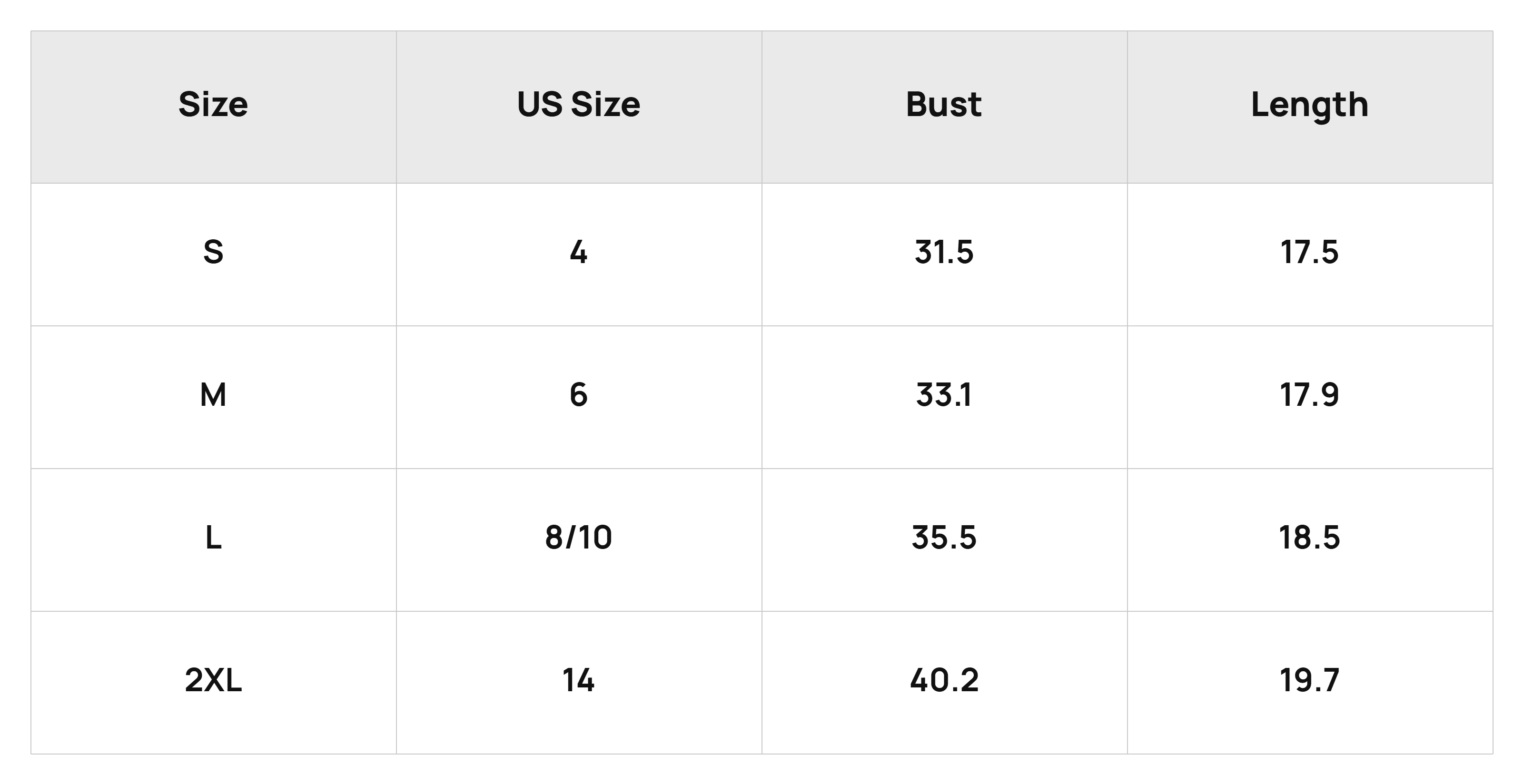 Size Chart Tops Product Size Chart