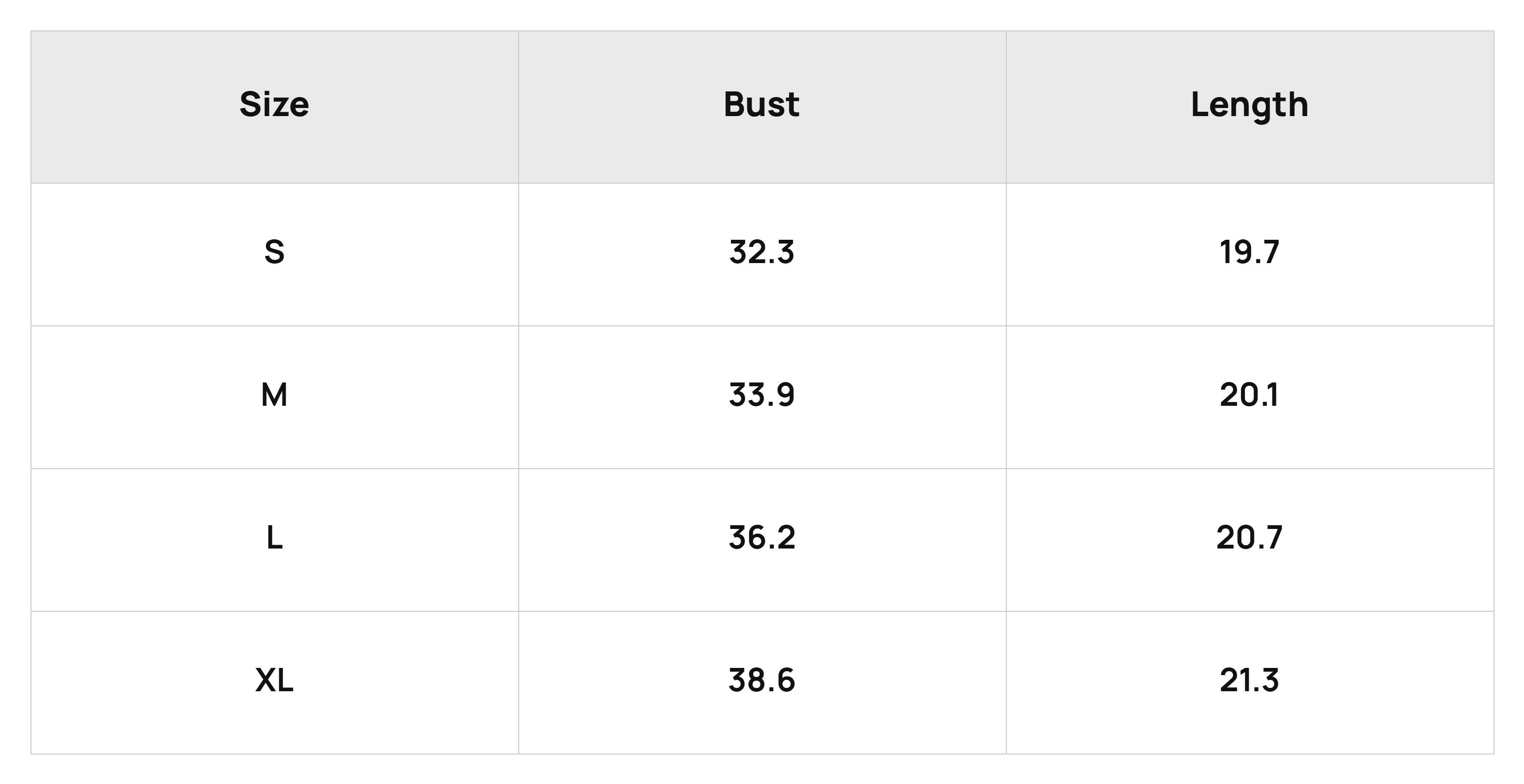 Size Chart Tops Product Size Chart