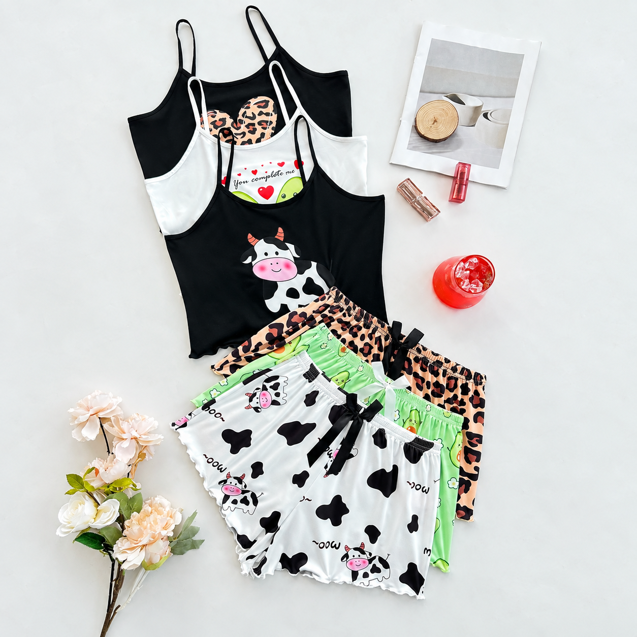 Cartoon Print Lace Trim Camisole and Shorts 3 Piece Pajama Set for Women