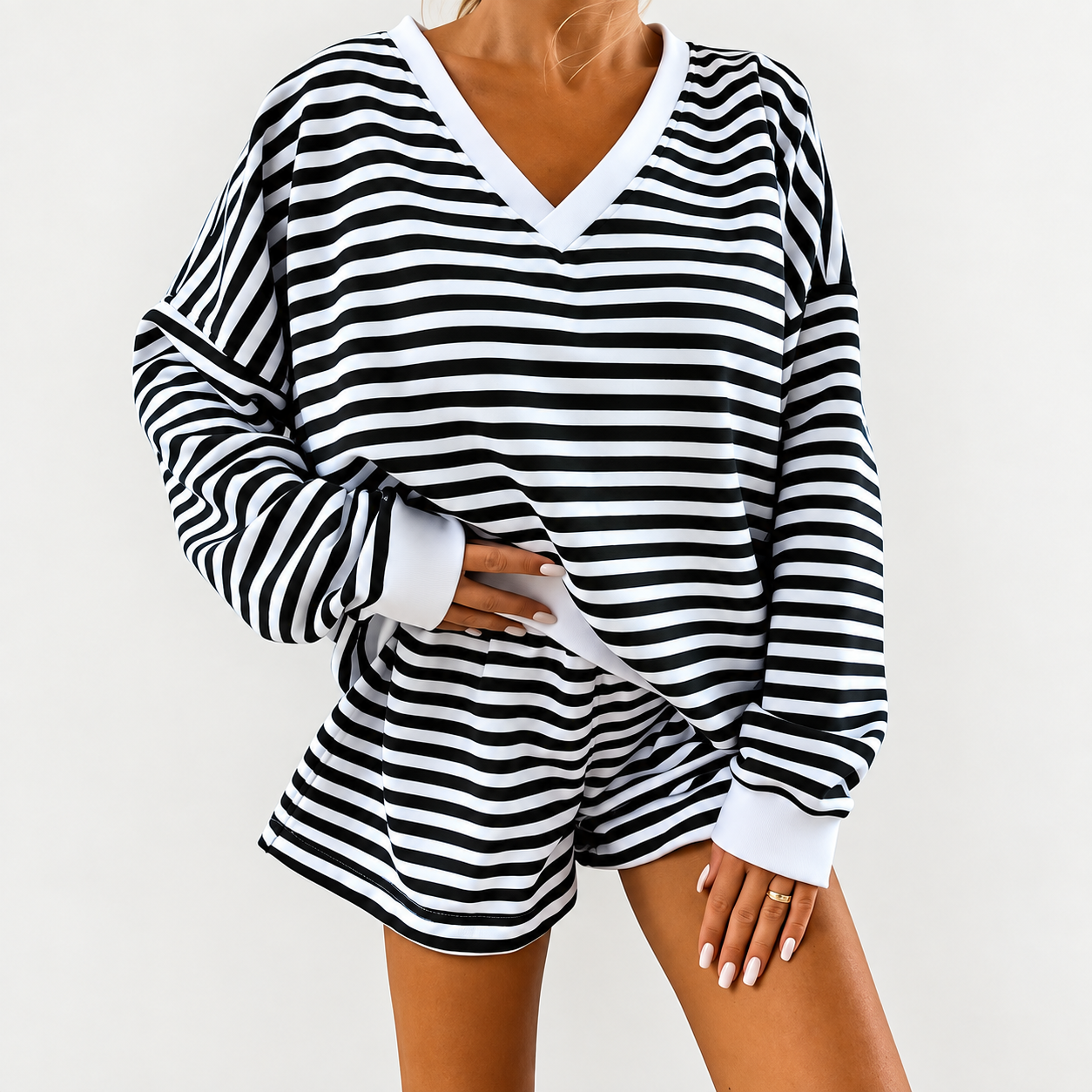 2 Pieces Striped Top And Shorts Sleepwear Set For Women