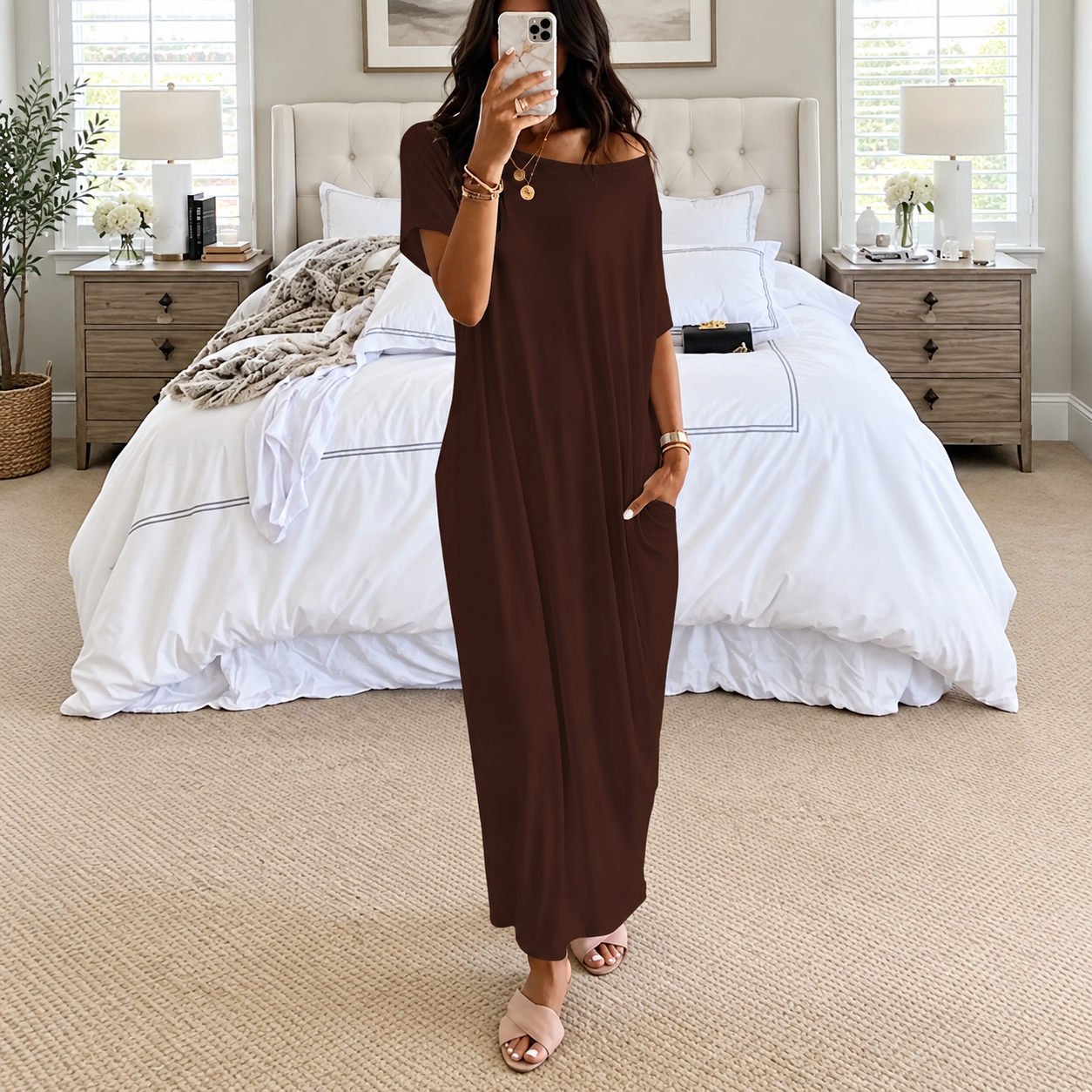 Solid Batwing Sleeve Casual Comfy Lounge Nightdress For Women