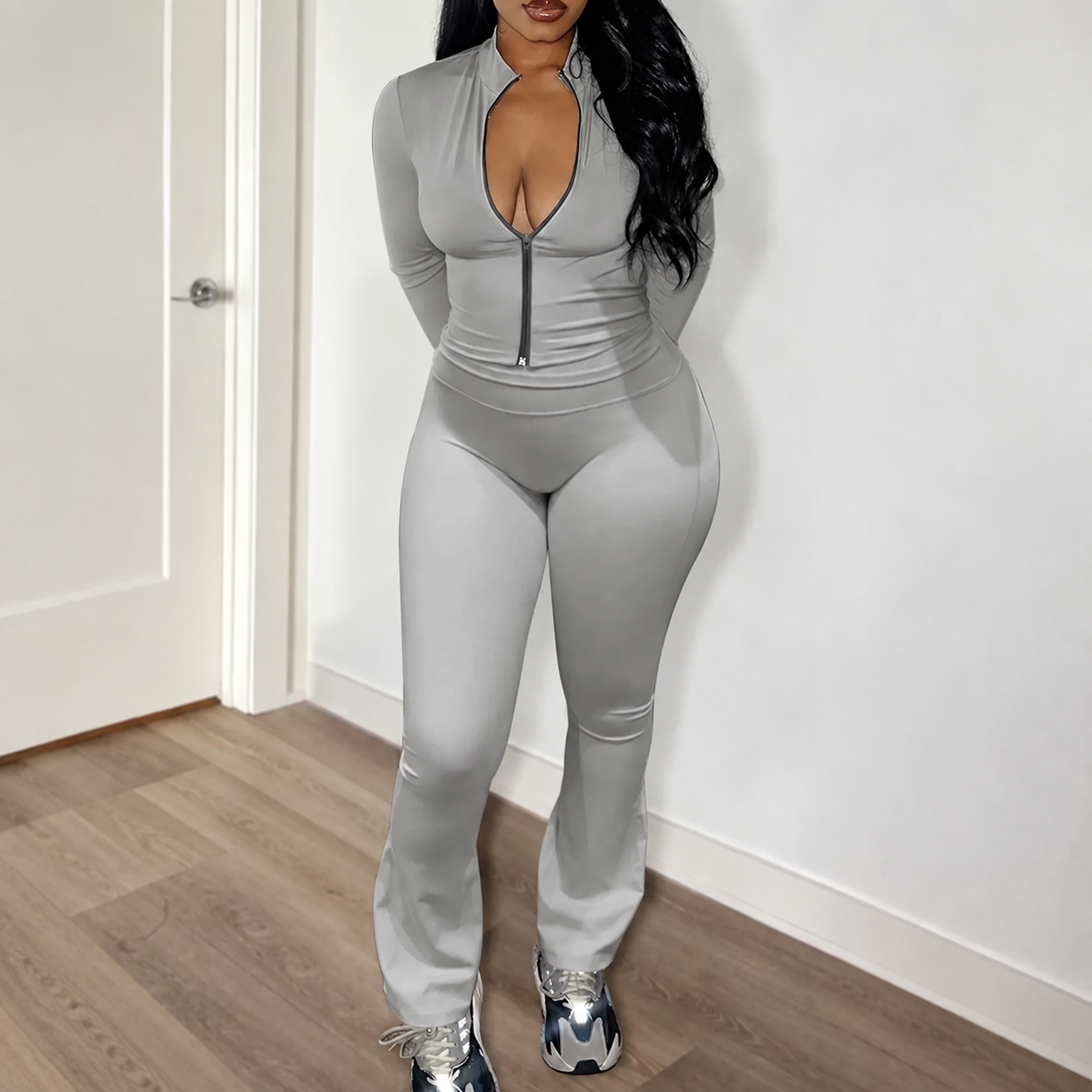 Zip Up Fitted Cardigan Top and Wide Cut Pants 2 Piece Set for Women