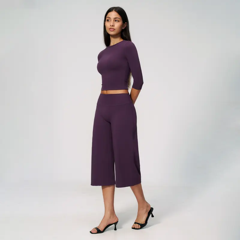 2 Pieces Flowy Pants And Elbow Sleeve Top Set For Women