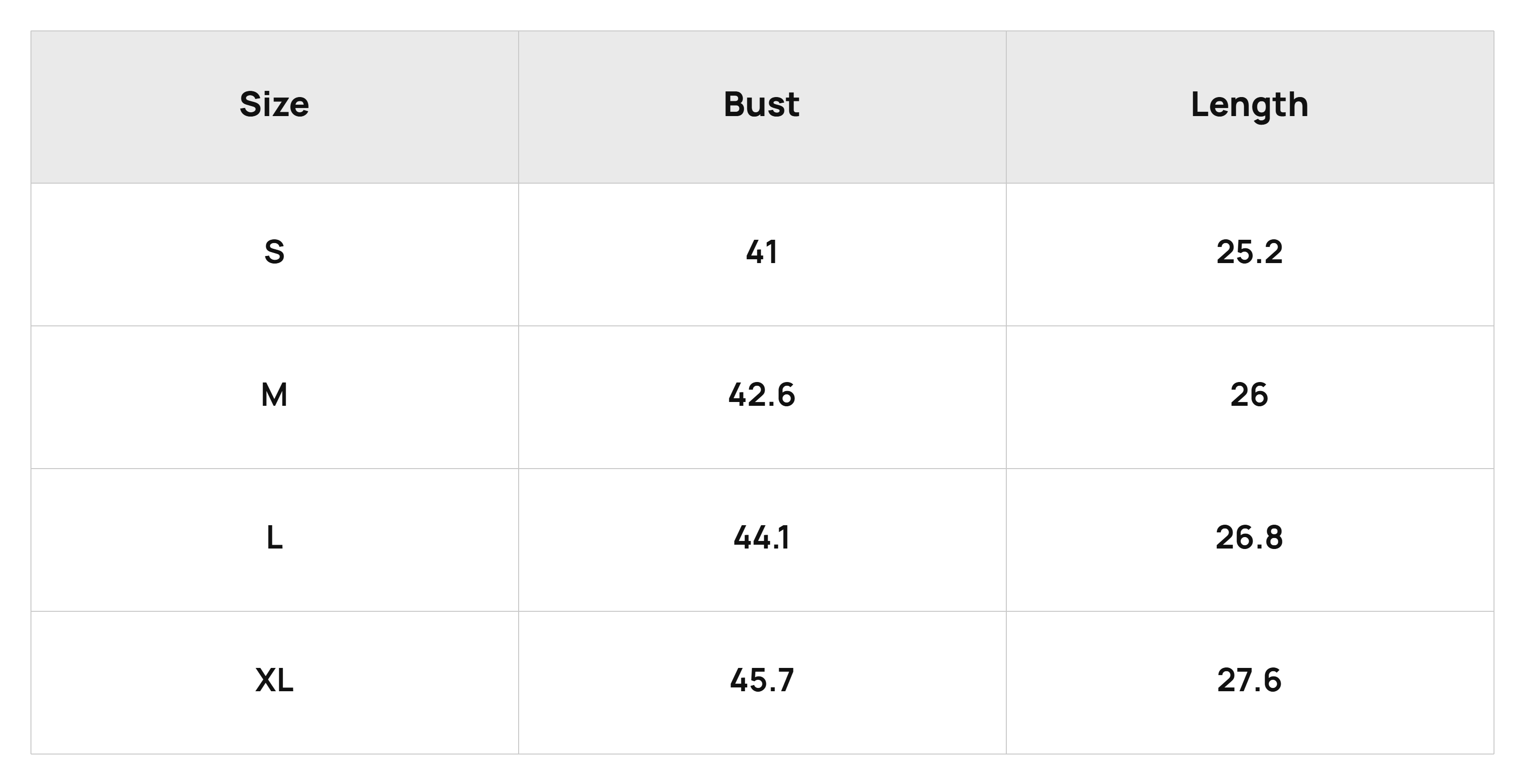 Size Chart Tops Product Size Chart