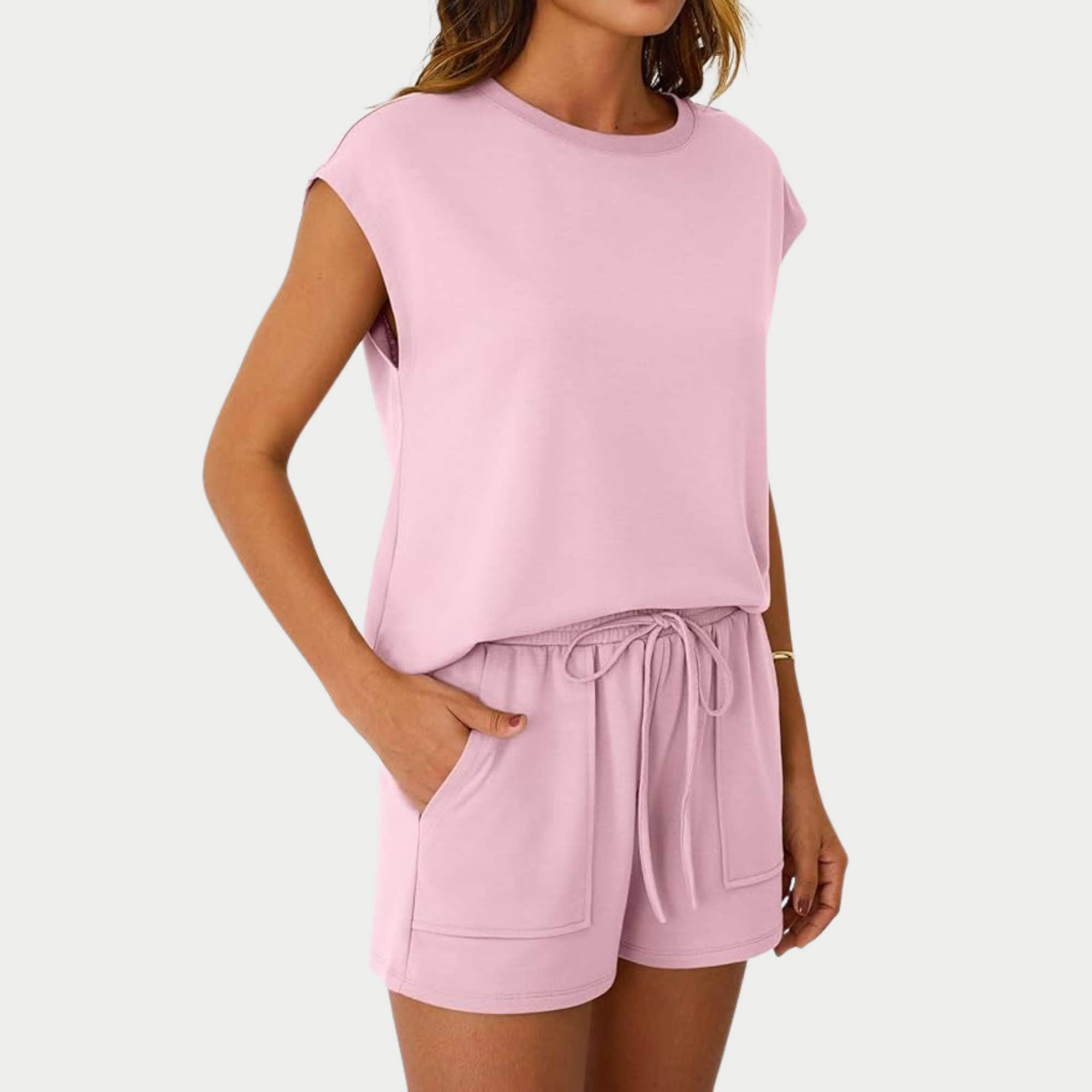 Two Piece Cap Sleeve Drawstring Short Set For Women