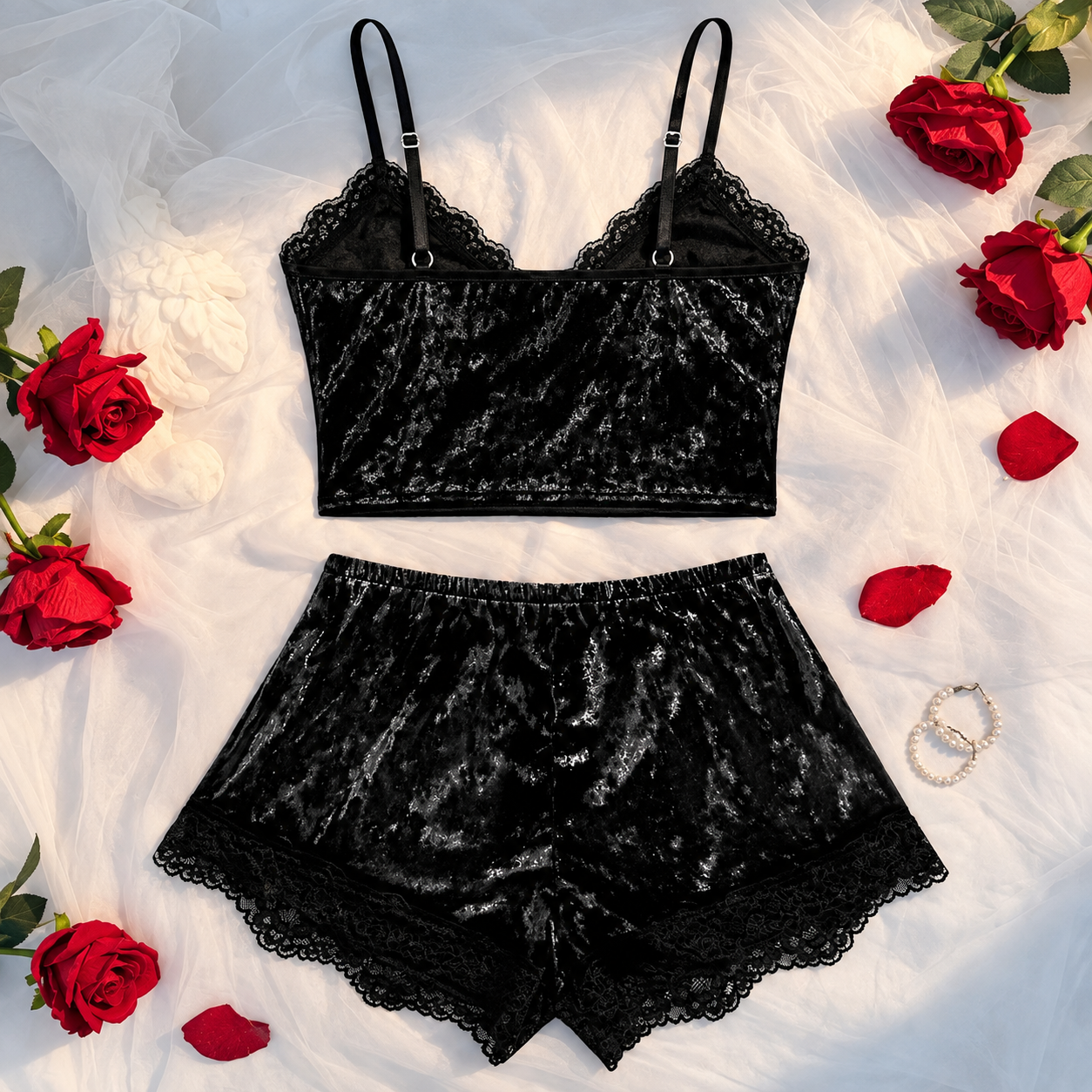 2 Pieces Lace Trim Pajama Set For Women