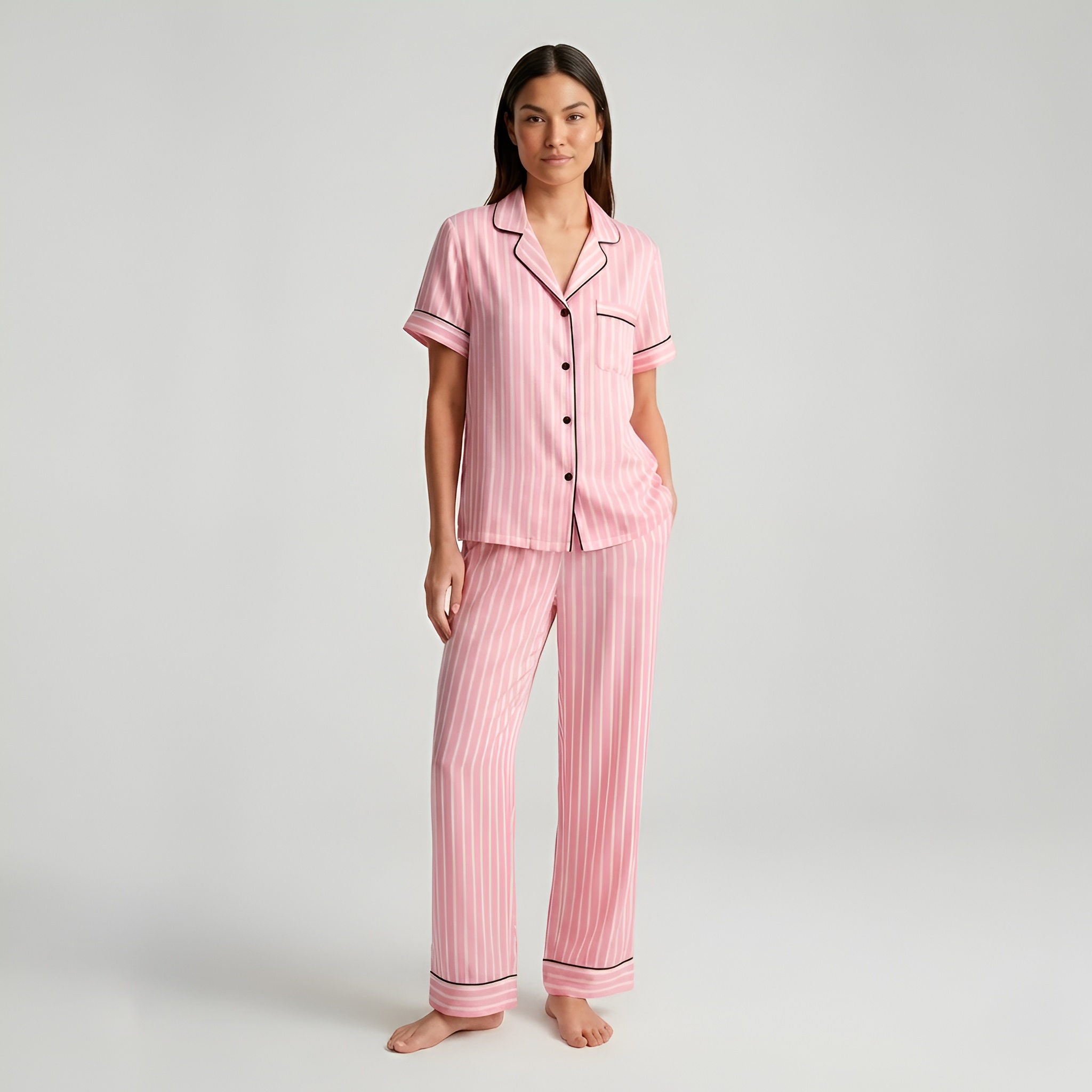 Women Striped Pattern Short Sleeve Matching Pajama Set