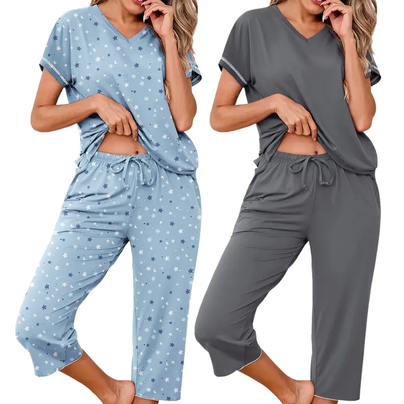 Pack of 2 Short Sleeve Capri Pajama Set with Pockets for Women