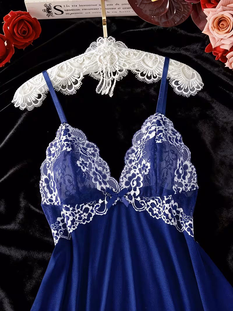 2pcs color block floral lace nightdress set v neck semi sheer bow dress and briefs womens elegant sleepwear and loungewear royal blue 2