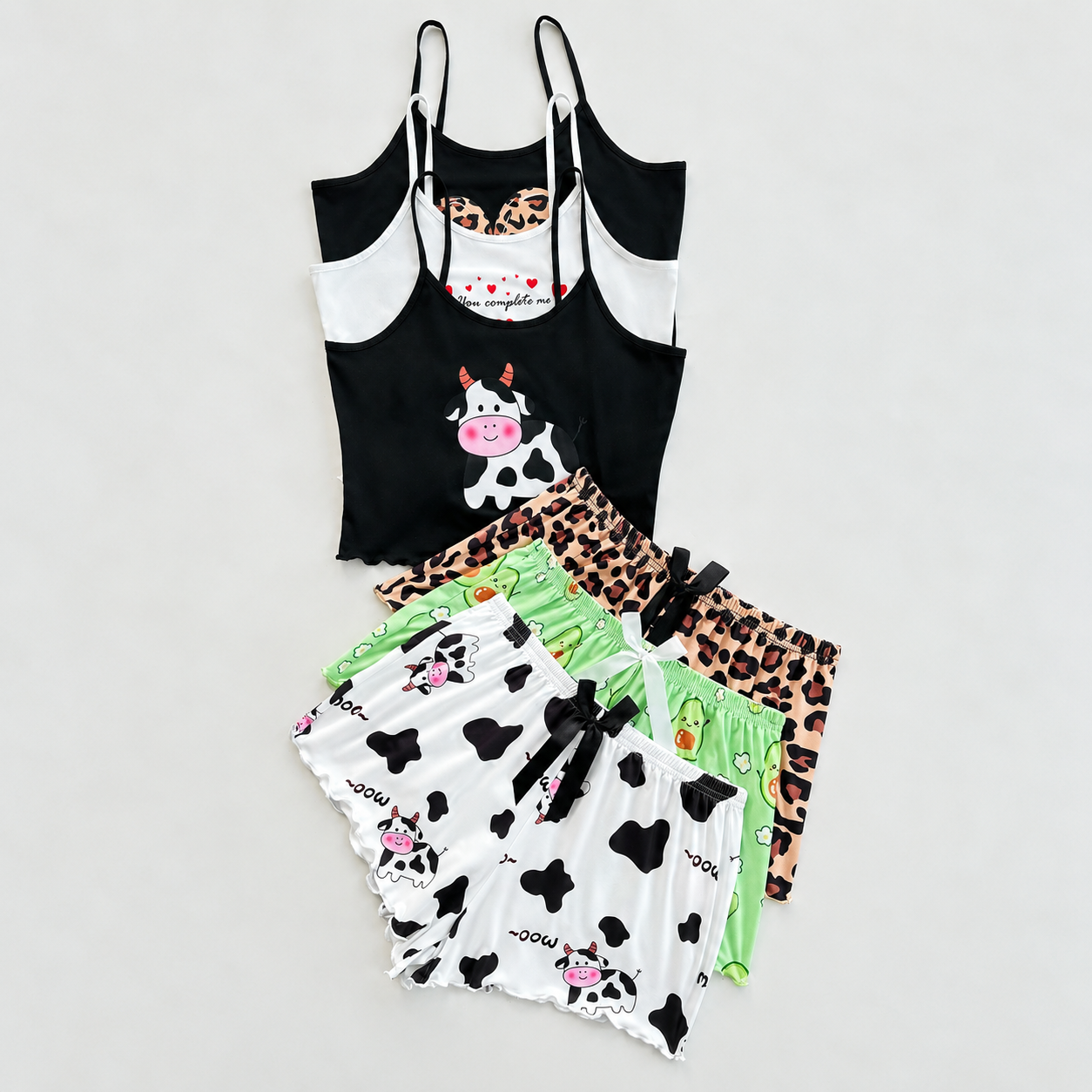 Cartoon Print Lace Trim Camisole and Shorts 3 Piece Pajama Set for Women