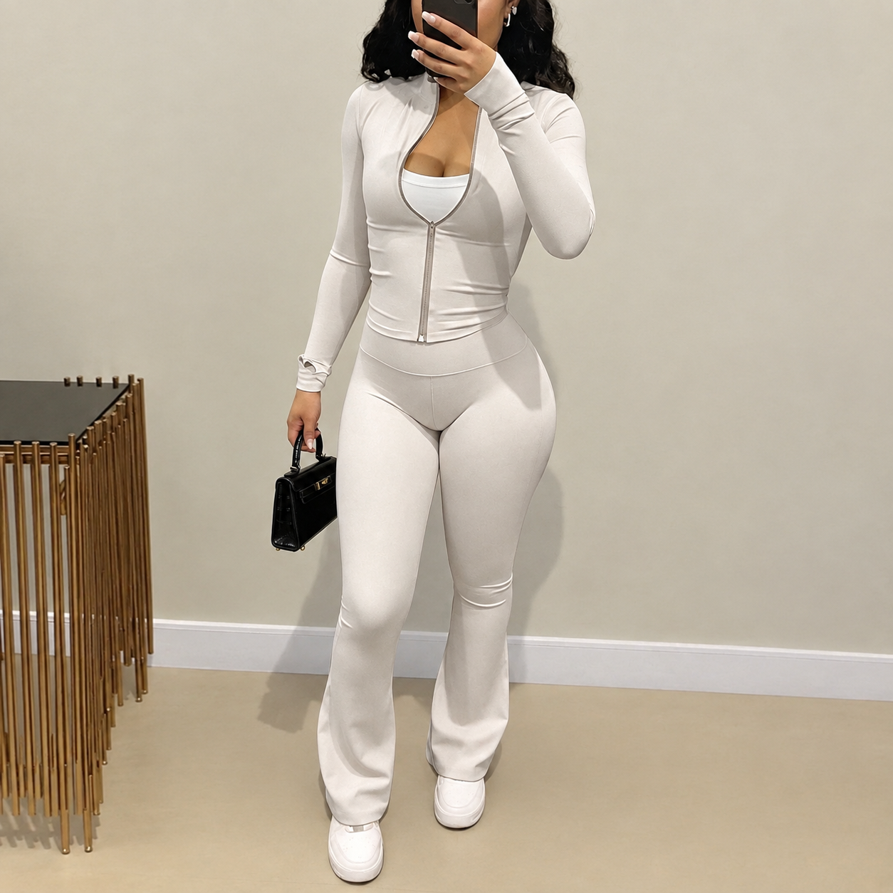 Zip Up Fitted Cardigan Top and Wide Cut Pants 2 Piece Set for Women
