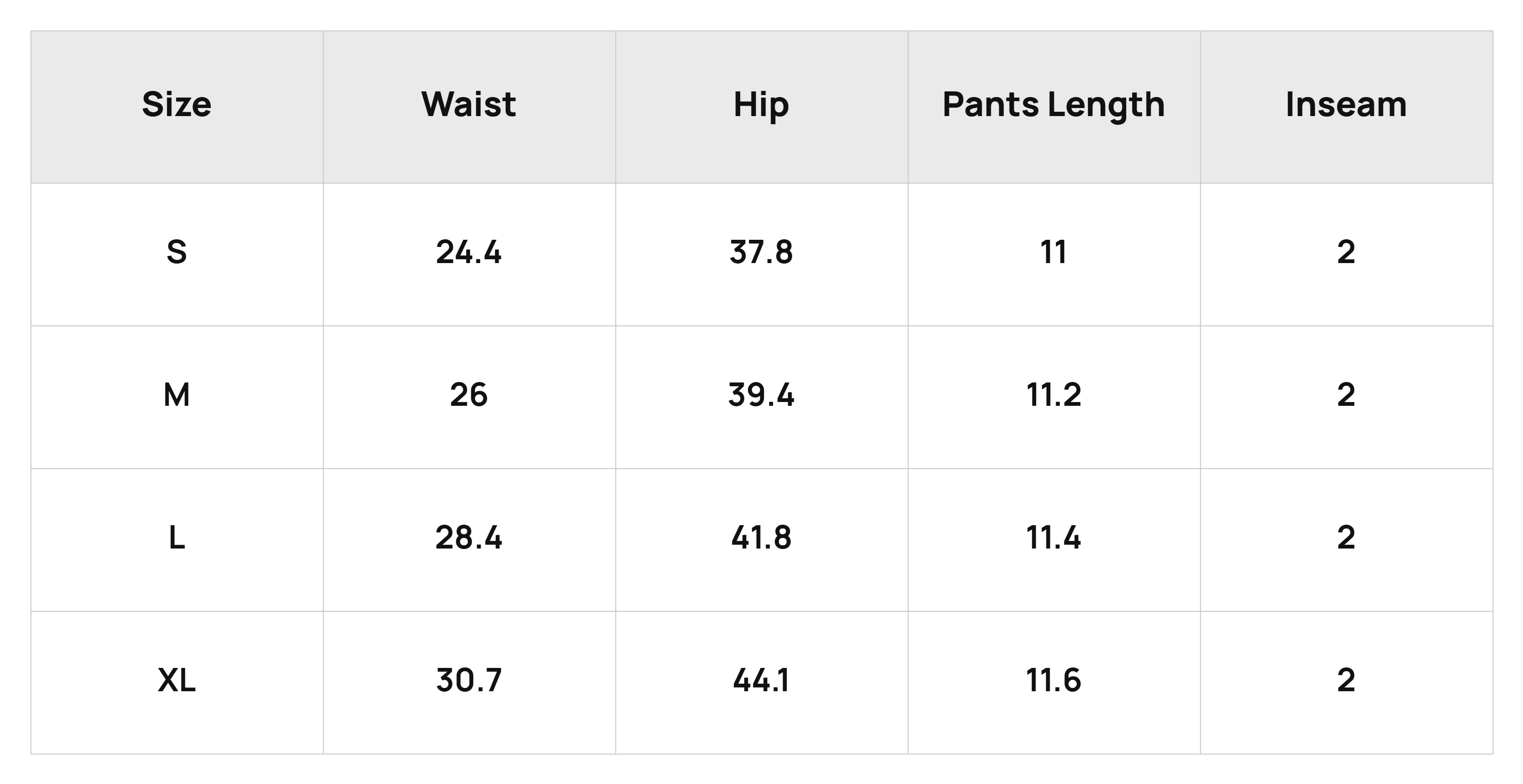 Size Chart Bottoms Product Size Chart