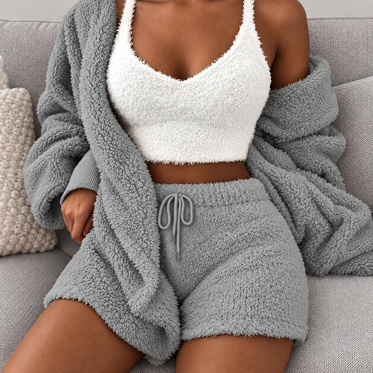 3 Pieces Soft Fluffy Hooded Loungewear Set For Women