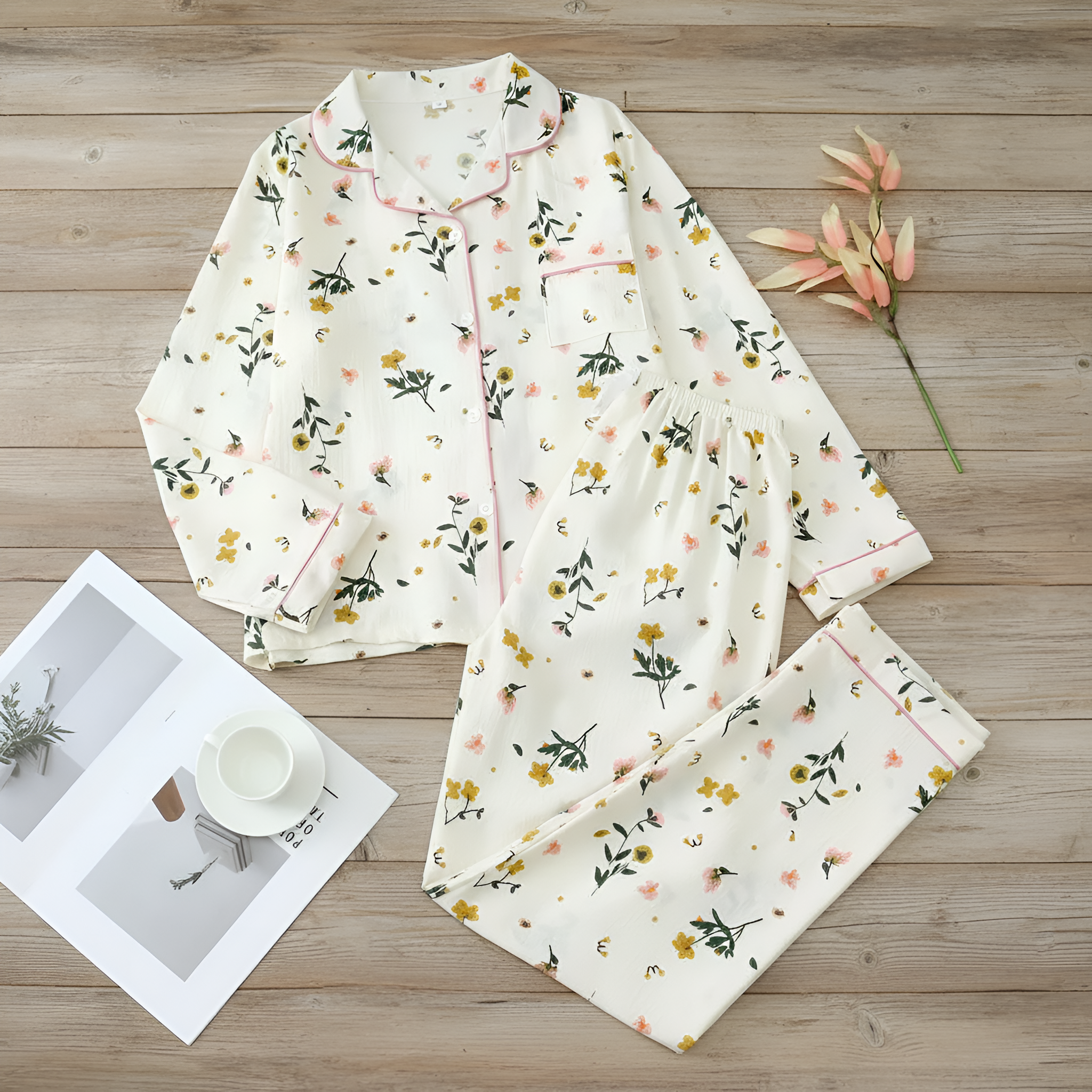 Printed Long Sleeve Pajama Set With Button Details For Women With Lapel Pocket