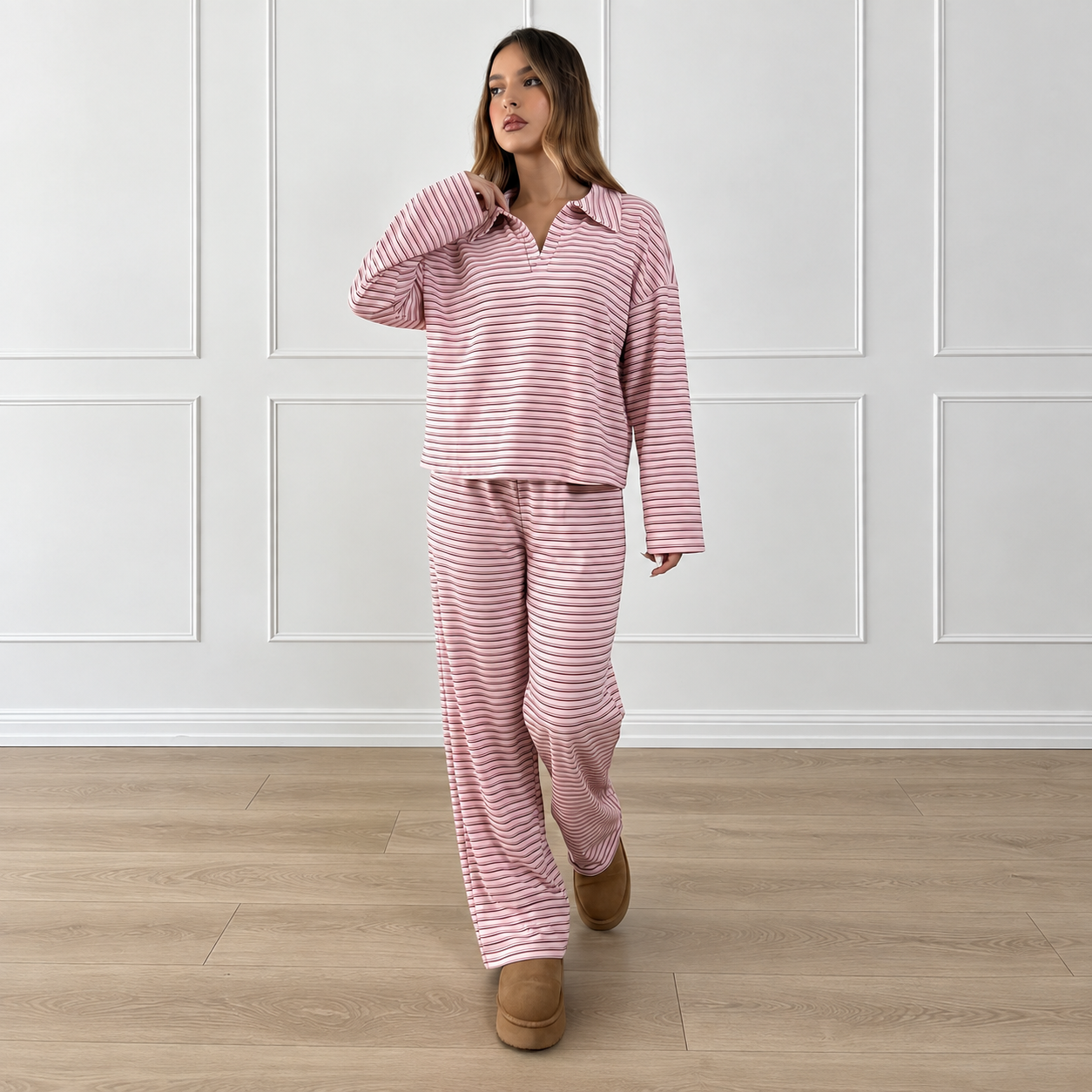 Striped Long Sleeve Top and Elastic Pants 2 Piece Casual Travel Set for Women