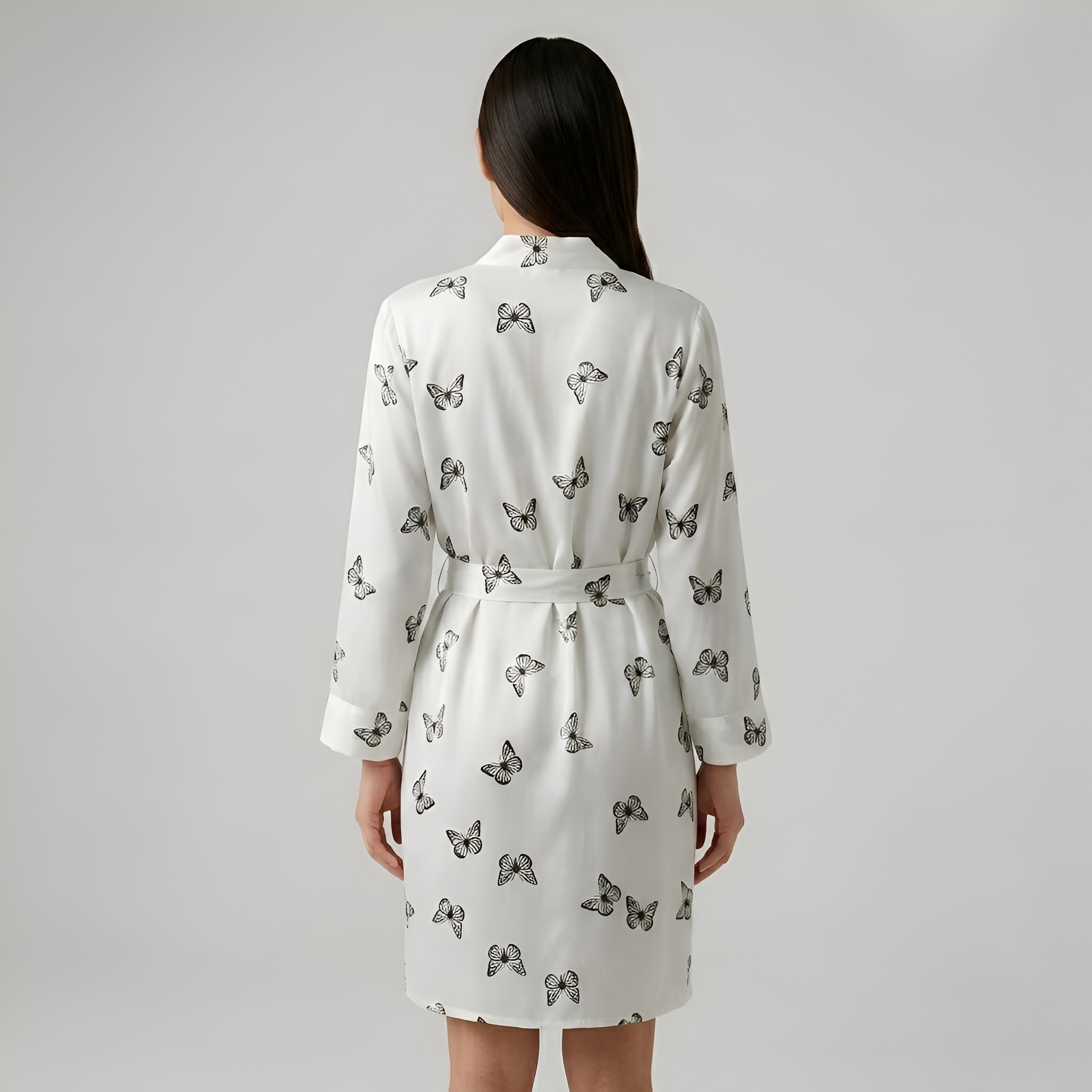 Long Sleeve Self Tie Belt Women Butterfly Print Robe