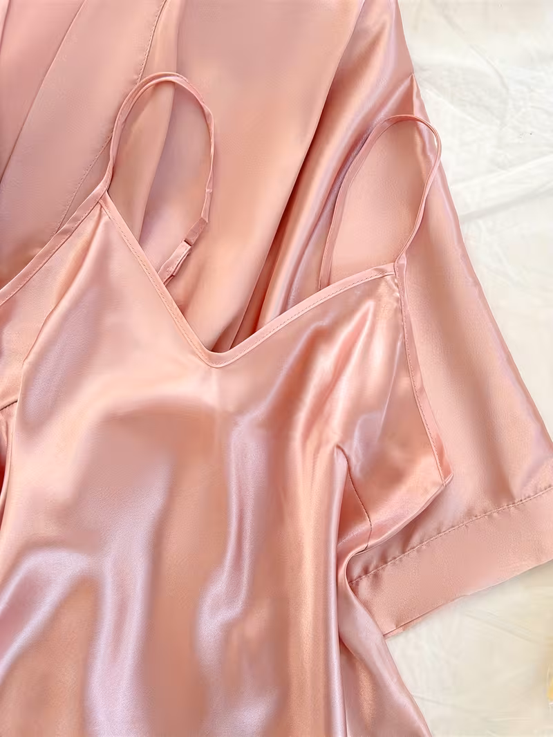 womens   v neck pajama set comfortable   polyester 4pcs sleepwear with tie waist and drawstring shorts   autumn and winter autumn winter sleepwear stylish sleepwear polyester fabric pink 2