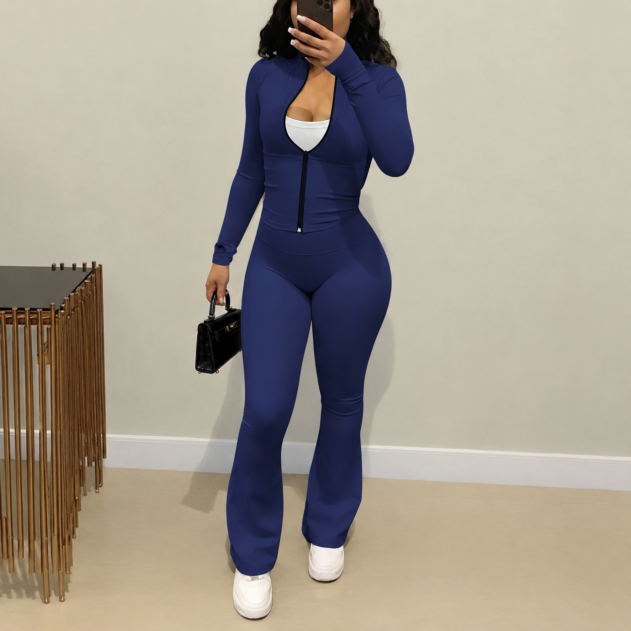 Zip Up Fitted Cardigan Top and Wide Cut Pants 2 Piece Set for Women