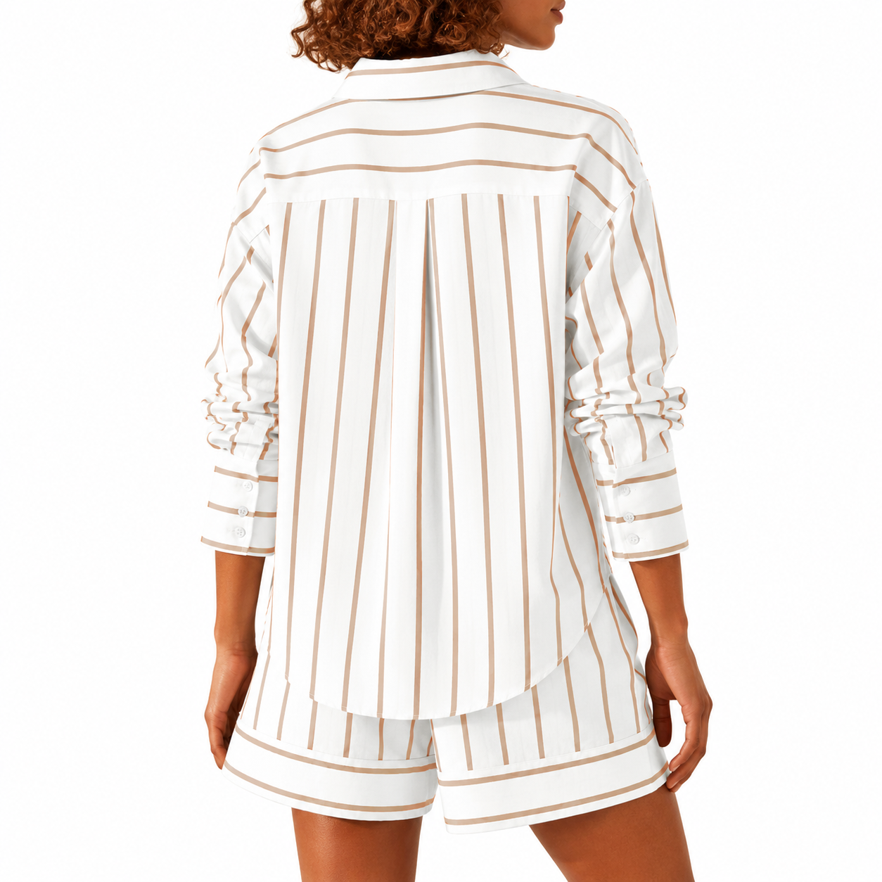 Striped Sleeve Down Collared Shirt Sets For Women