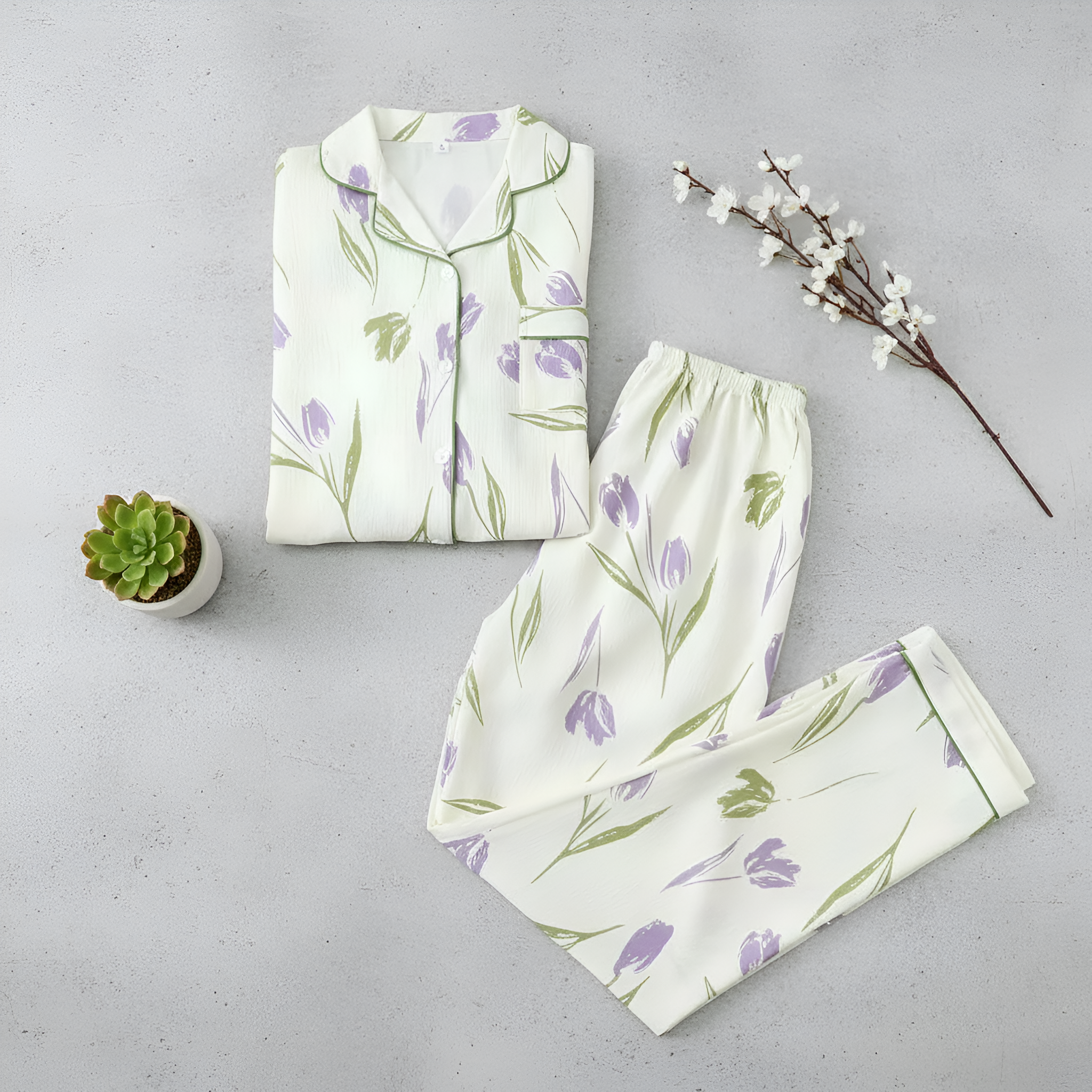 Printed Long Sleeve Pajama Set With Button Details For Women With Lapel Pocket