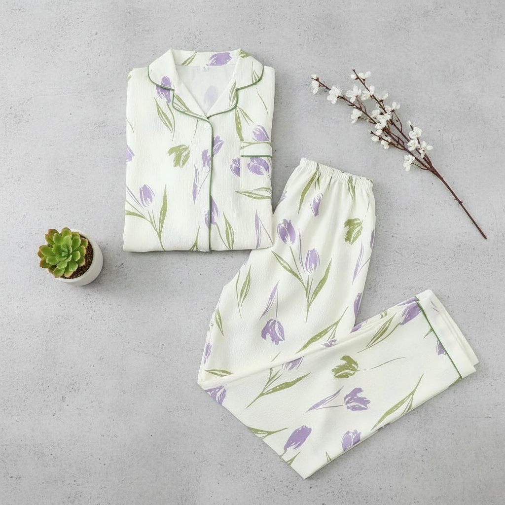 Printed Long Sleeve Pajama Set With Button Details For Women